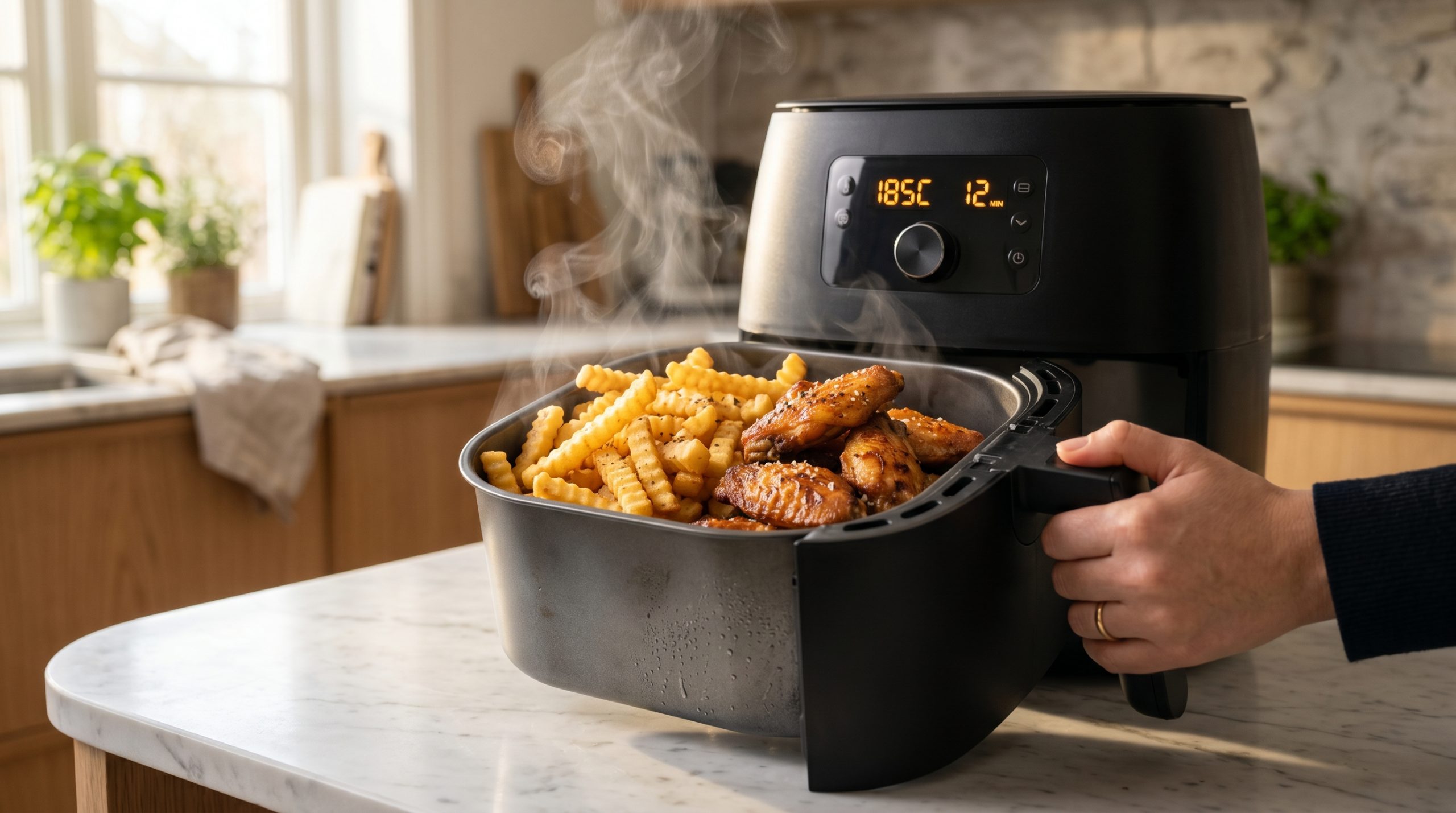 En närbild på en öppen, matt svart airfryer fylld med gyllene räfflade pommes frites och krispiga kycklingvingar. Ånga stiger från den varma maten i ett ljust kök med marmorbänk och skandinavisk design. Airfryerns display lyser med bärnstensfärgade siffror som visar 185°C.