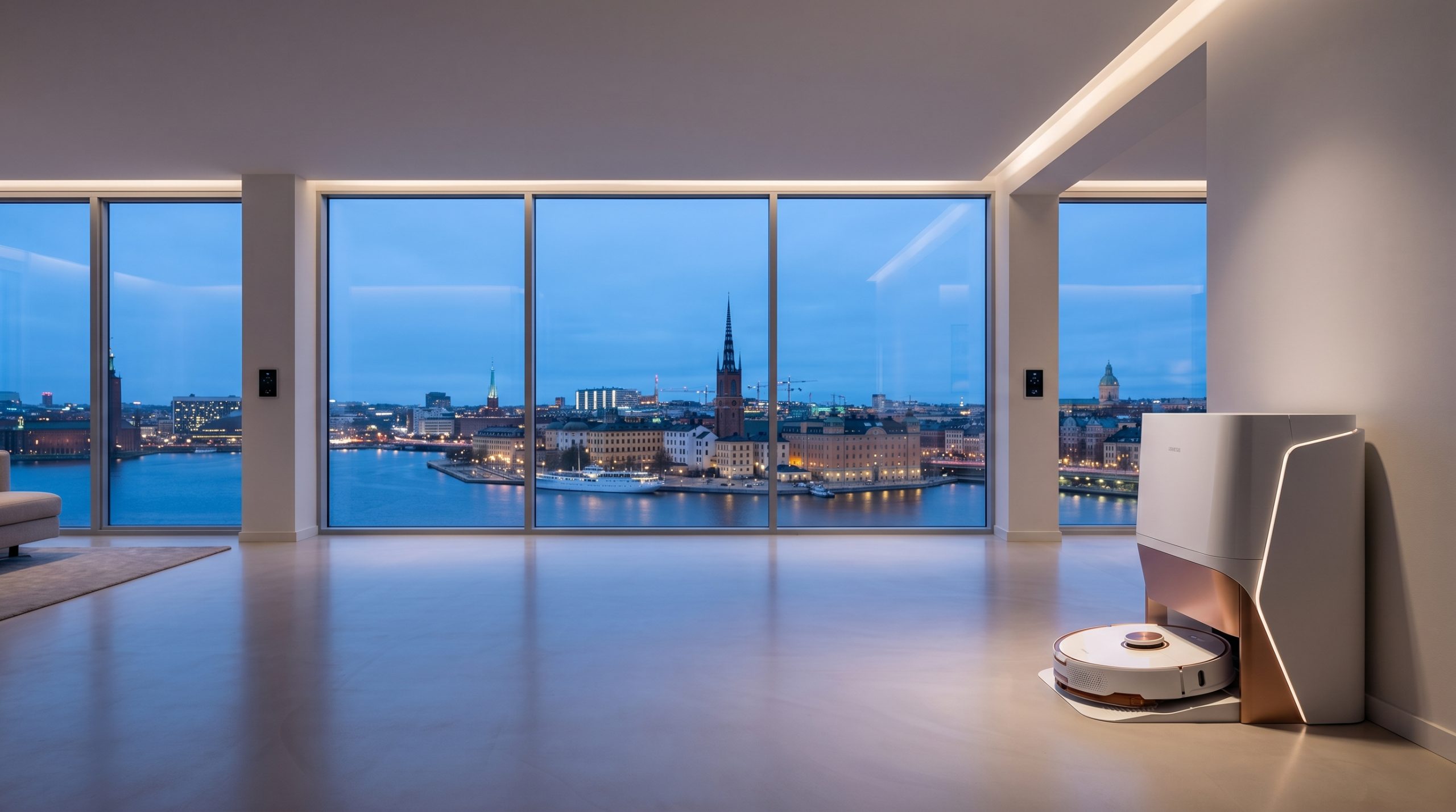 En vidvinkelbild av en minimalistisk och lyxig takvåning i skymning. I förgrunden dockar en vit och kopparfärgad robotdammsugare i en stor, modern och stilren basstation. Genom de stora panoramafönstren i bakgrunden syns Stockholms upplysta stadssiluett.