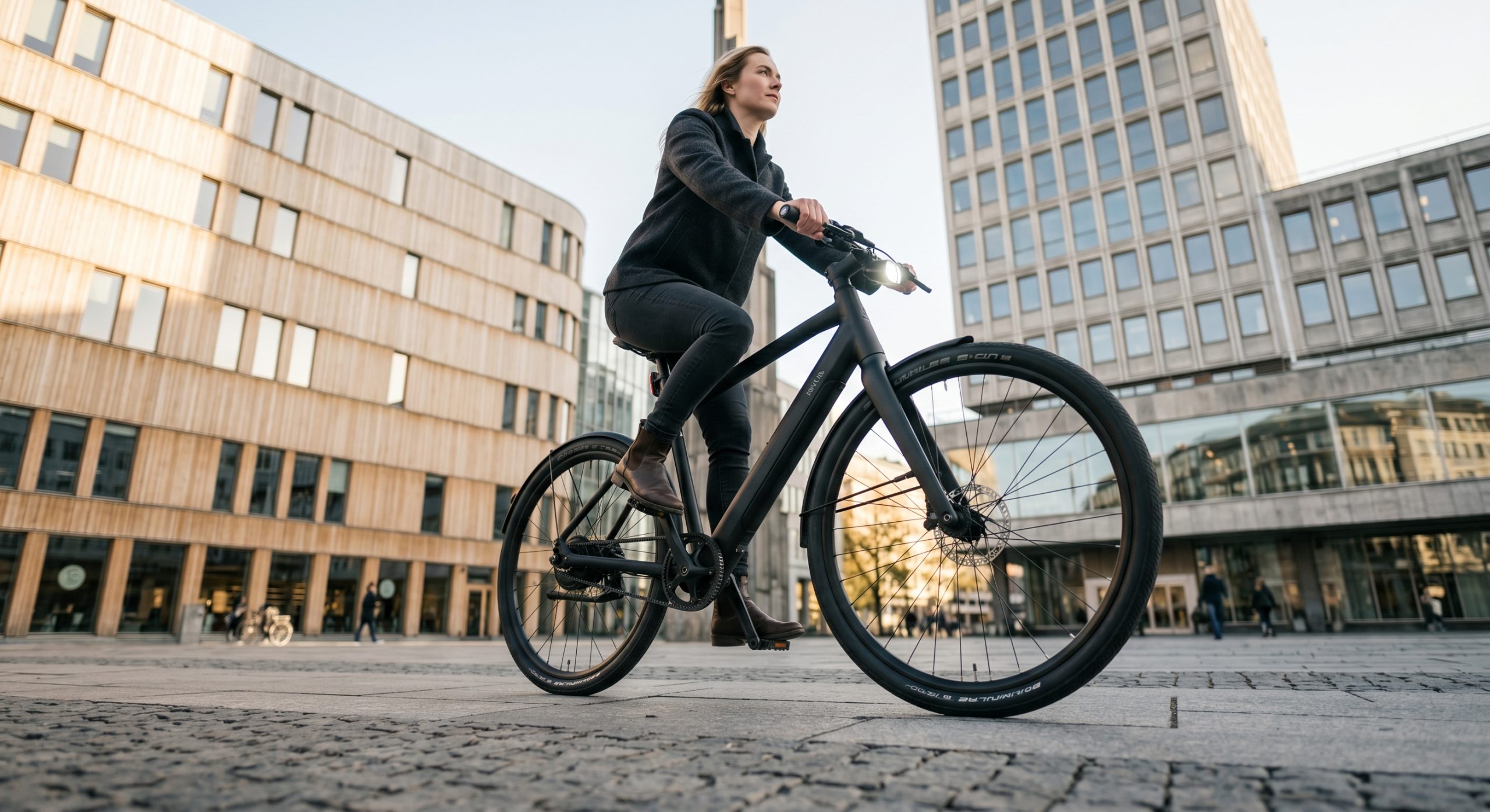 En kvinna på elcykel i Stockholm