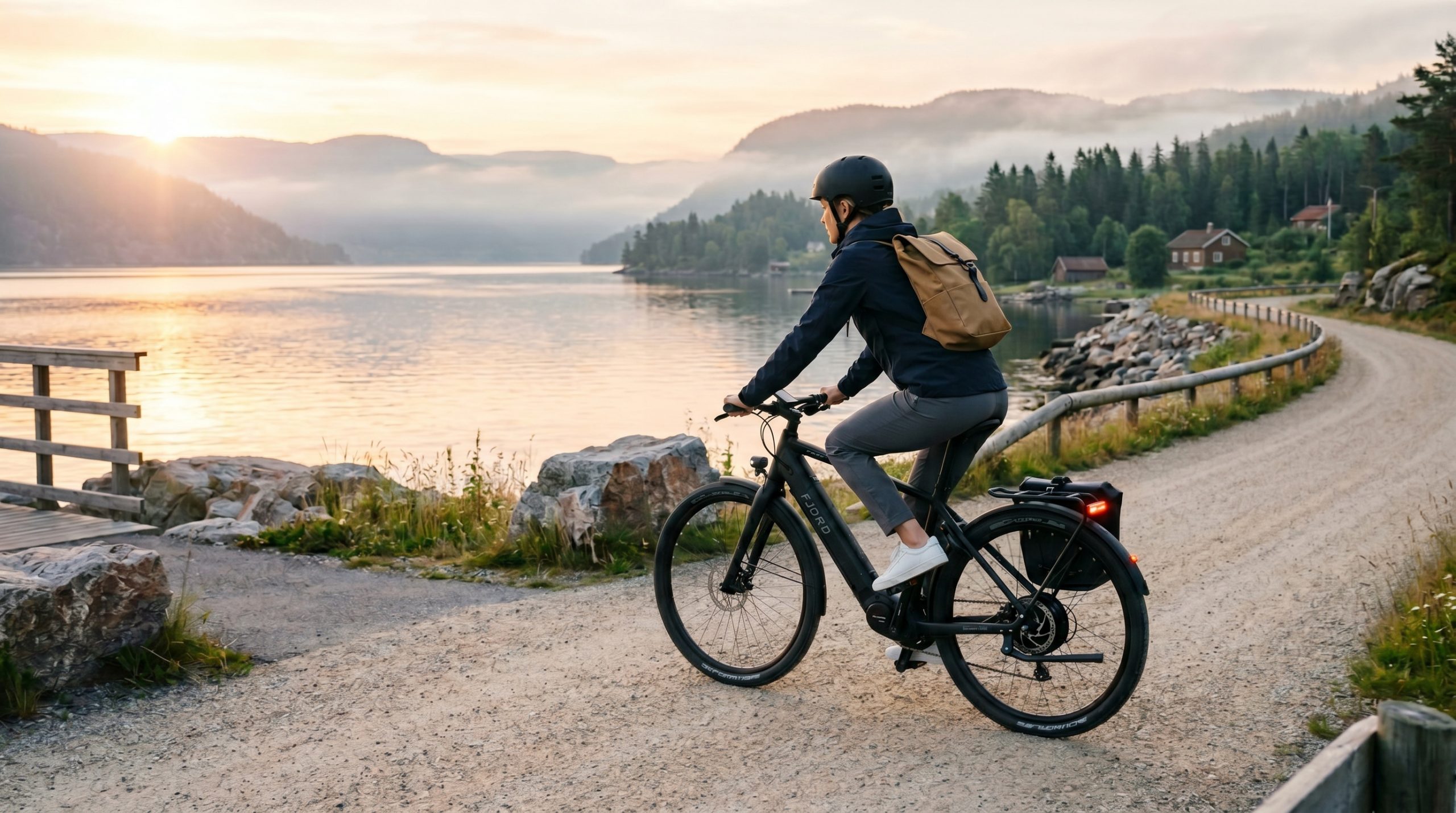 En person i mörkblå jacka, grå byxor och cykelhjälm med en brun ryggsäck cyklar på en svart elcykel (modell FJORD) på en grusväg som slingrar sig längs en stor fjord under solnedgången. Det gyllene ljuset från solen reflekteras i vattnet och lyser upp de skogsklädda bergen i bakgrunden. En träbrygga och stenblock kantar vägen.