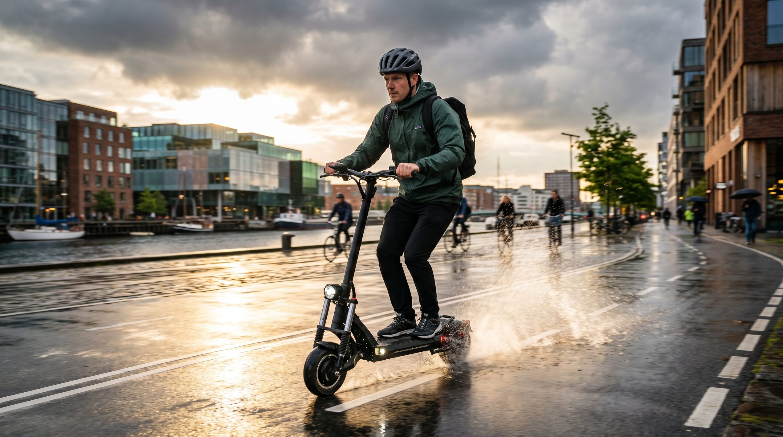 En actionbild på en vuxen pendlare med cykelhjälm och ryggsäck som kör en robust elsparkcykel på en blöt, asfalterad cykelbana längs ett vattendrag i en modern skandinavisk stad. Det är sen eftermiddag strax efter ett regn, och det gyllene solljuset som bryter igenom molnen skapar starka reflektioner i marken. Ett dramatiskt vattenstänk sprutar upp från bakhjulet, och bakgrunden med modern arkitektur och andra cyklister har en mjuk bokeheffekt som förstärker känslan av fart och rörelse.