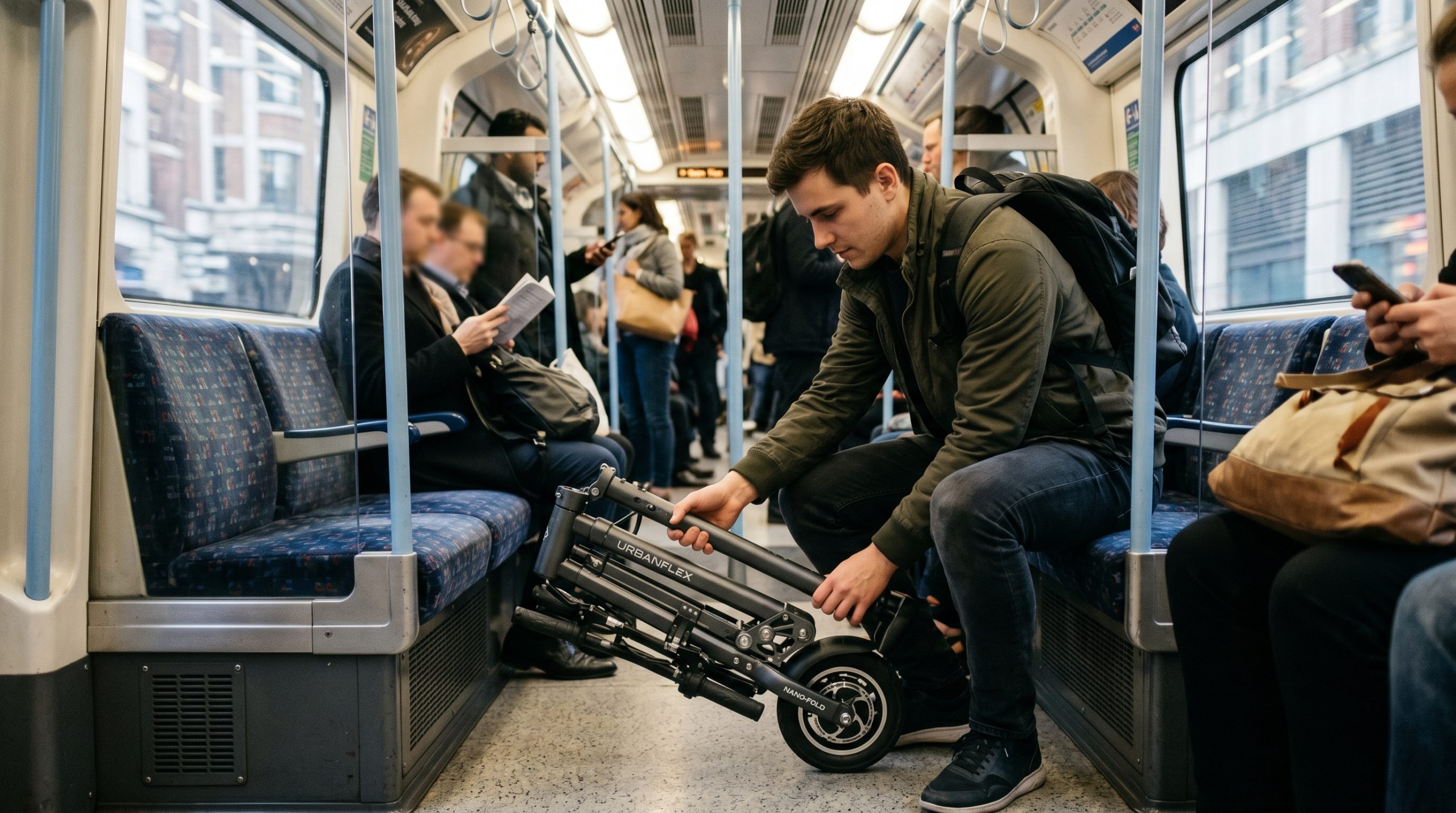 Ett dokumentärt fotografi i 16:9-format inifrån en modern pendeltågsvagn. En ung man sitter på ett blåmönstrat säte och fäller ihop en innovativ, ultrakompakt elsparkcykel märkt med "URBAN FLEX" för och att placera den under sätet. Andra passagerare och tågets interiör syns i bakgrunden med ett mjukt fokus under realistisk kupébelysning.