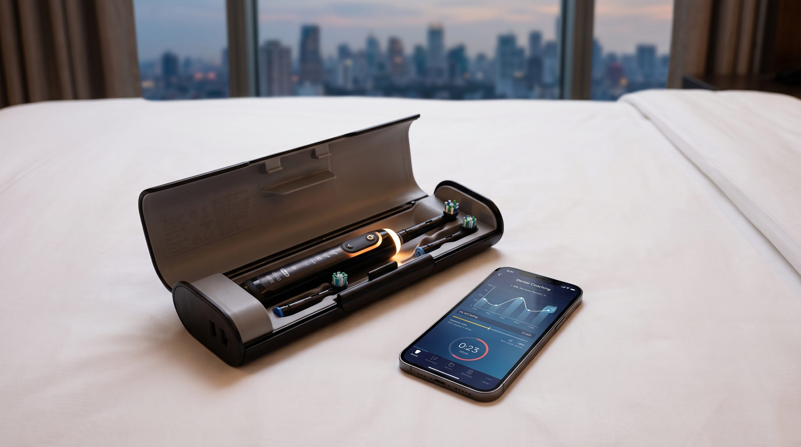 Ett öppet svart resefodral med en svart Oral-B eltandborste och extra borsthuvuden som ligger på vita hotellakan. Bredvid fodralet ligger en smartphone som visar en tandvårdsapp med grafer. I bakgrunden syns en suddig stadssiluett i skymning genom ett fönster.