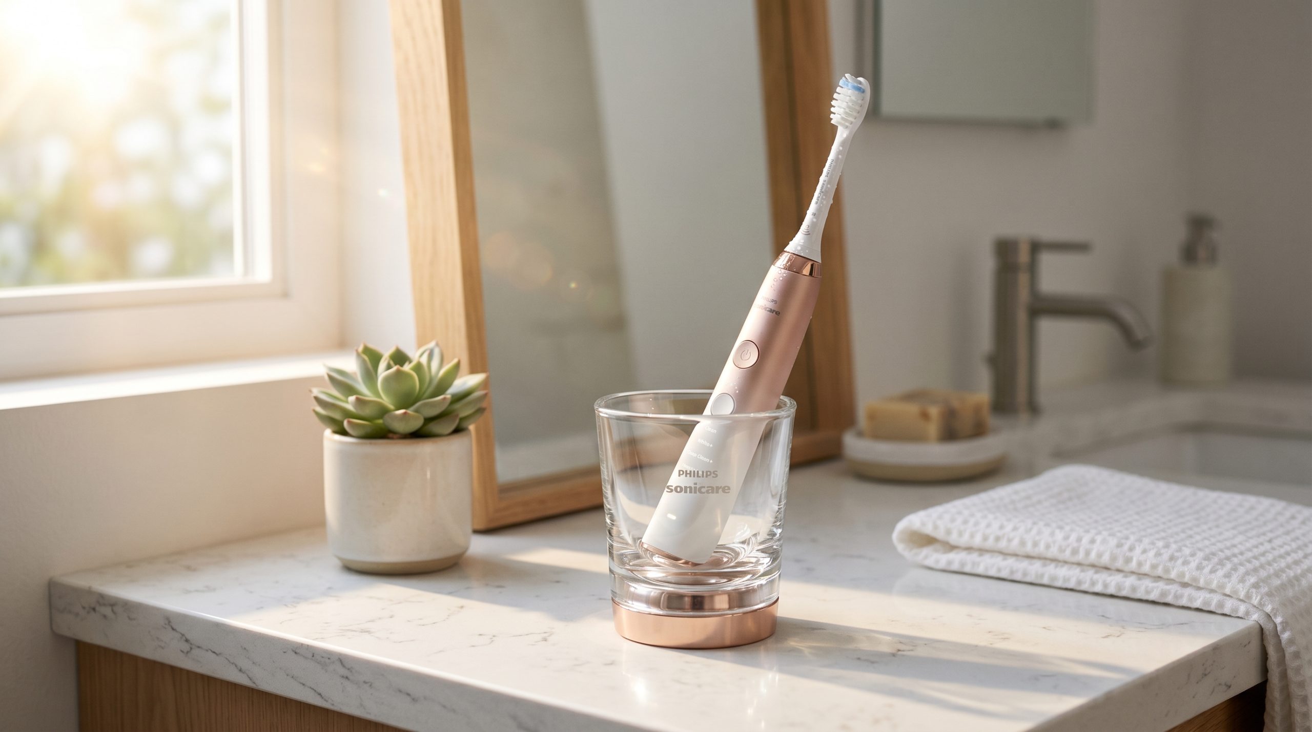 En roséguldfärgad och vit Philips Sonicare eltandborste som står i sitt laddningsglas på en vit badrumsbänk. Morgonsolen strömmar in från ett fönster intill, och i bakgrunden syns en liten suckulentväxt och en spegel med träram.