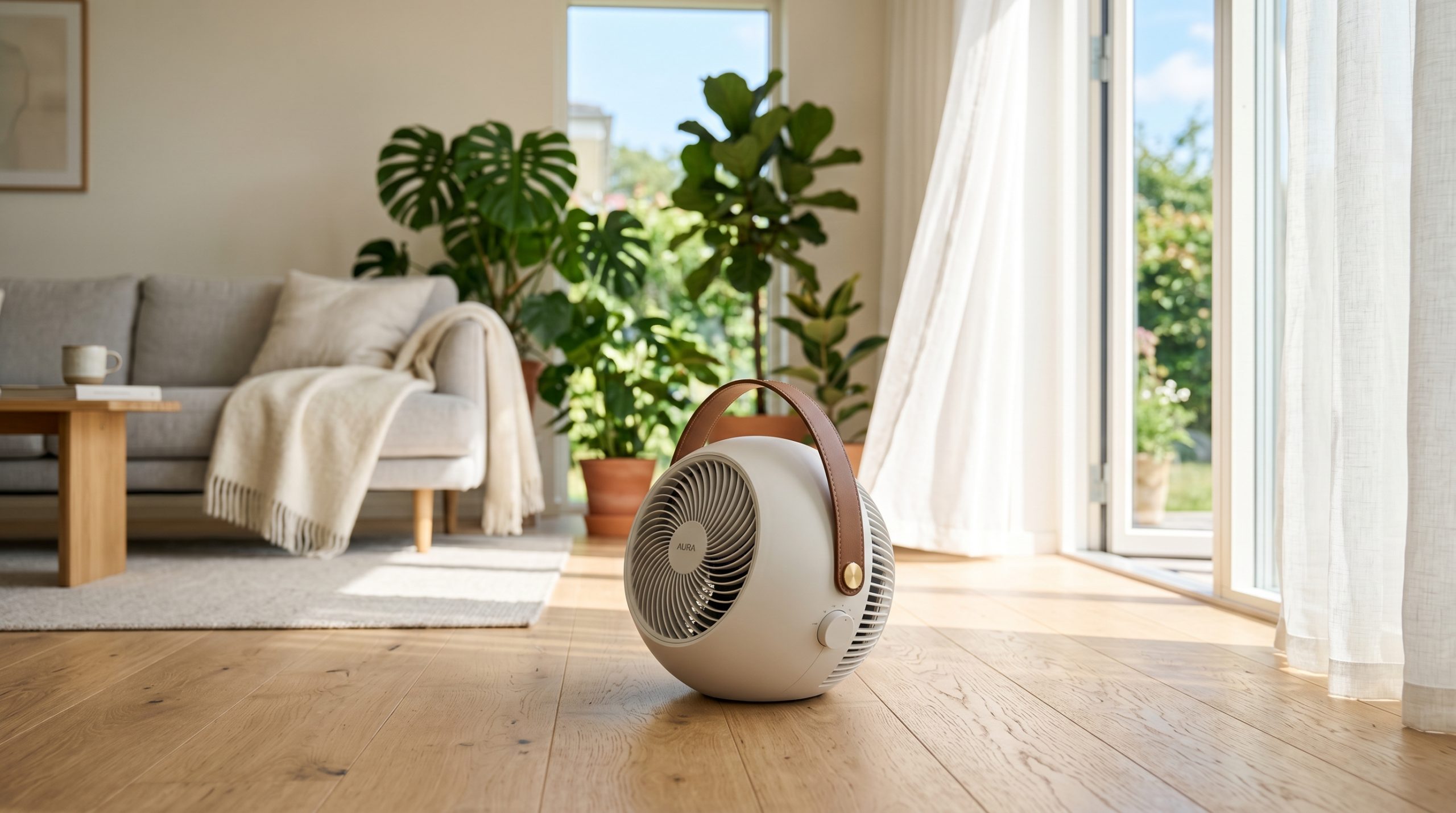 En modern, sfärisk vit cirkulationsfläkt med ett brunt bärhandtag i läder står på ett ljust ekgolv i ett ljust, skandinaviskt vardagsrum. I den oskarpa bakgrunden syns en minimalistisk ljusgrå soffa, gröna krukväxter och solljus som strömmar in genom stora fönster med skira vita gardiner.