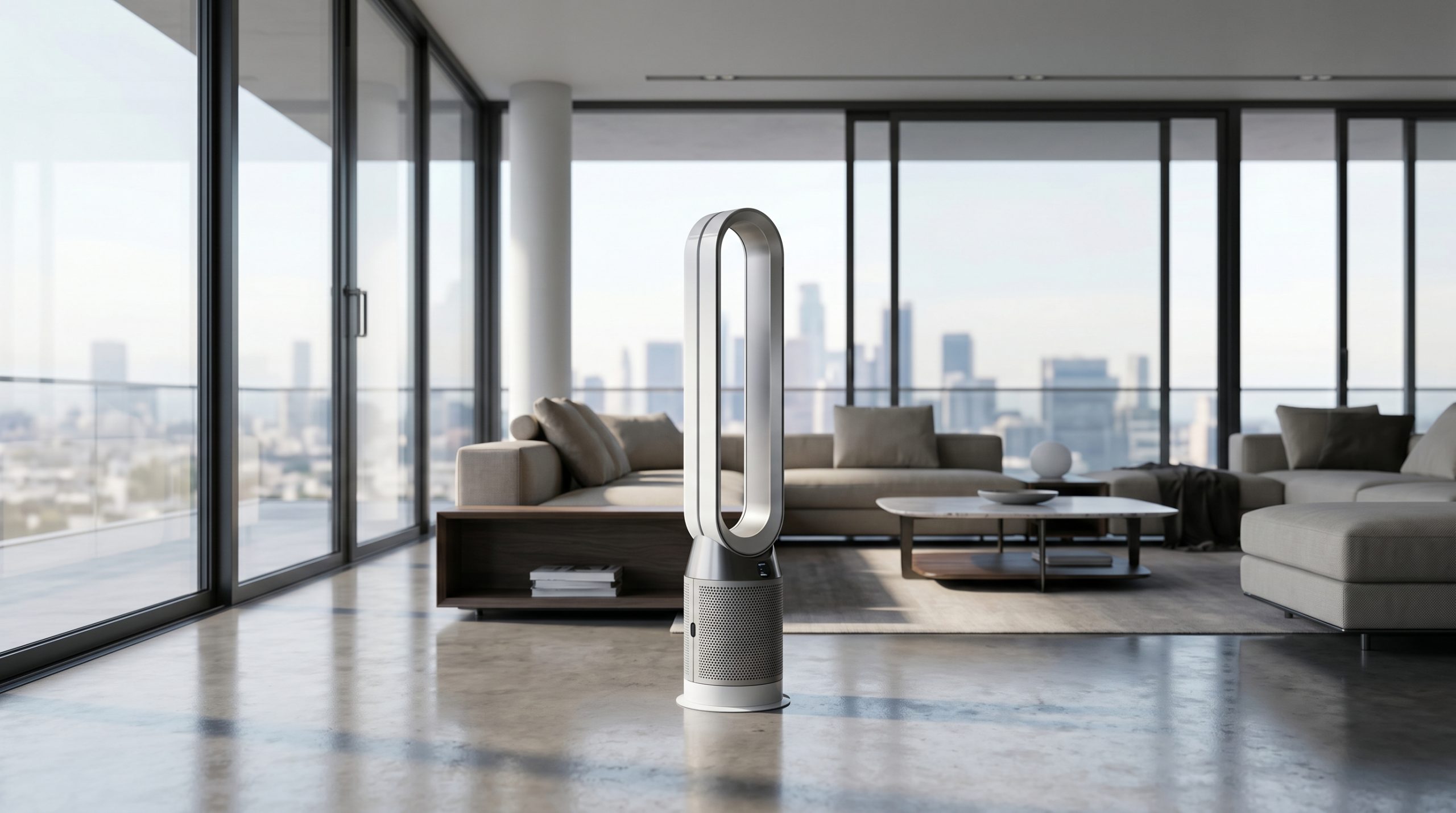 En stilren, futuristisk bladlös pelarfläkt i silver och vitt stående i ett lyxigt och modernt vardagsrum. Rummet har polerat betonggolv, exklusiva möbler och stora fönster från golv till tak med utsikt över en ljus stadssiluett i bakgrunden