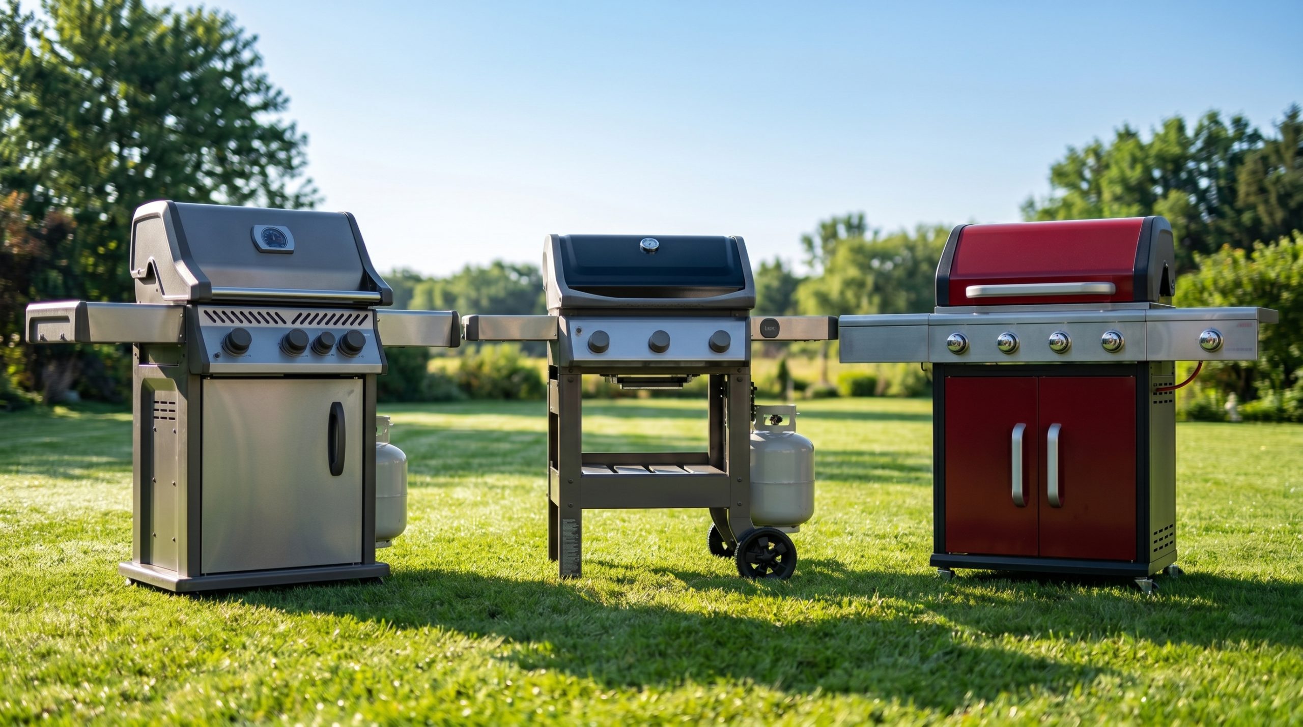 Tre gasolgrillar uppradade bredvid varandra på en frodig grön gräsmatta en solig morgon. Från vänster: en silverfärgad grill med underskåp, en svart grill på öppen vagn och en röd grill med underskåp. I bakgrunden syns suddiga träd och en klarblå himmel.