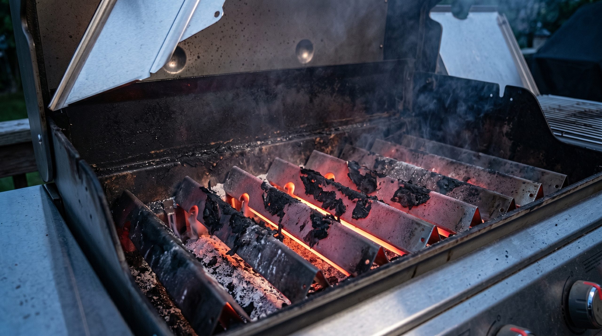 En detaljerad bild av insidan på en gasolgrill under termisk rengöring. De V-formade värmesköldarna glöder rött av den intensiva värmen. Mörka, förkolnade beläggningar flagnar av från metallen och övergår i vit aska, medan rökstrimmor stiger upp.
