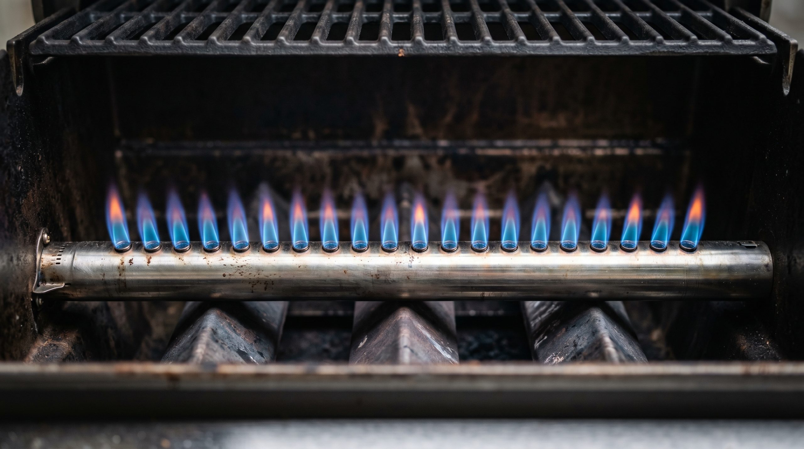 En detaljerad närbild av ett brännarrör i rostfritt stål inuti en gasolgrill. Från precisionsborrade hål brinner en symmetrisk rad av jämna, konformade blå lågor med små orangea spetsar mot grillens mörka insida.
