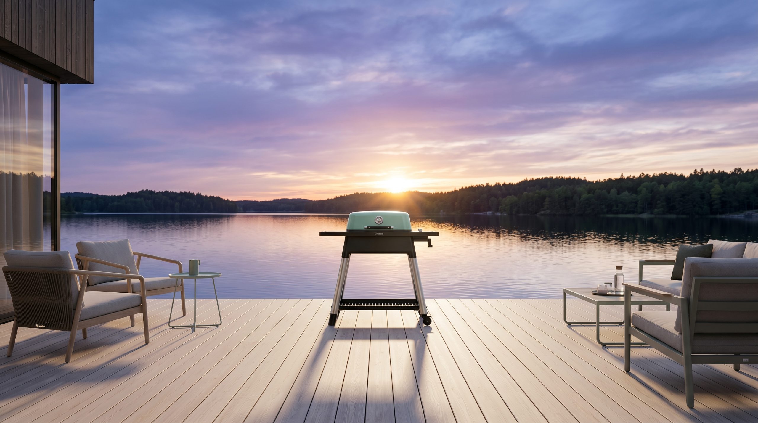 En mintgrön gasolgrill i centrum på en modern, minimalistisk träterrass med utsikt över en lugn sjö i solnedgången. Eleganta utomhusmöbler står på trädäcket, och himlen speglar sig i vattnet i lila och orangea toner.