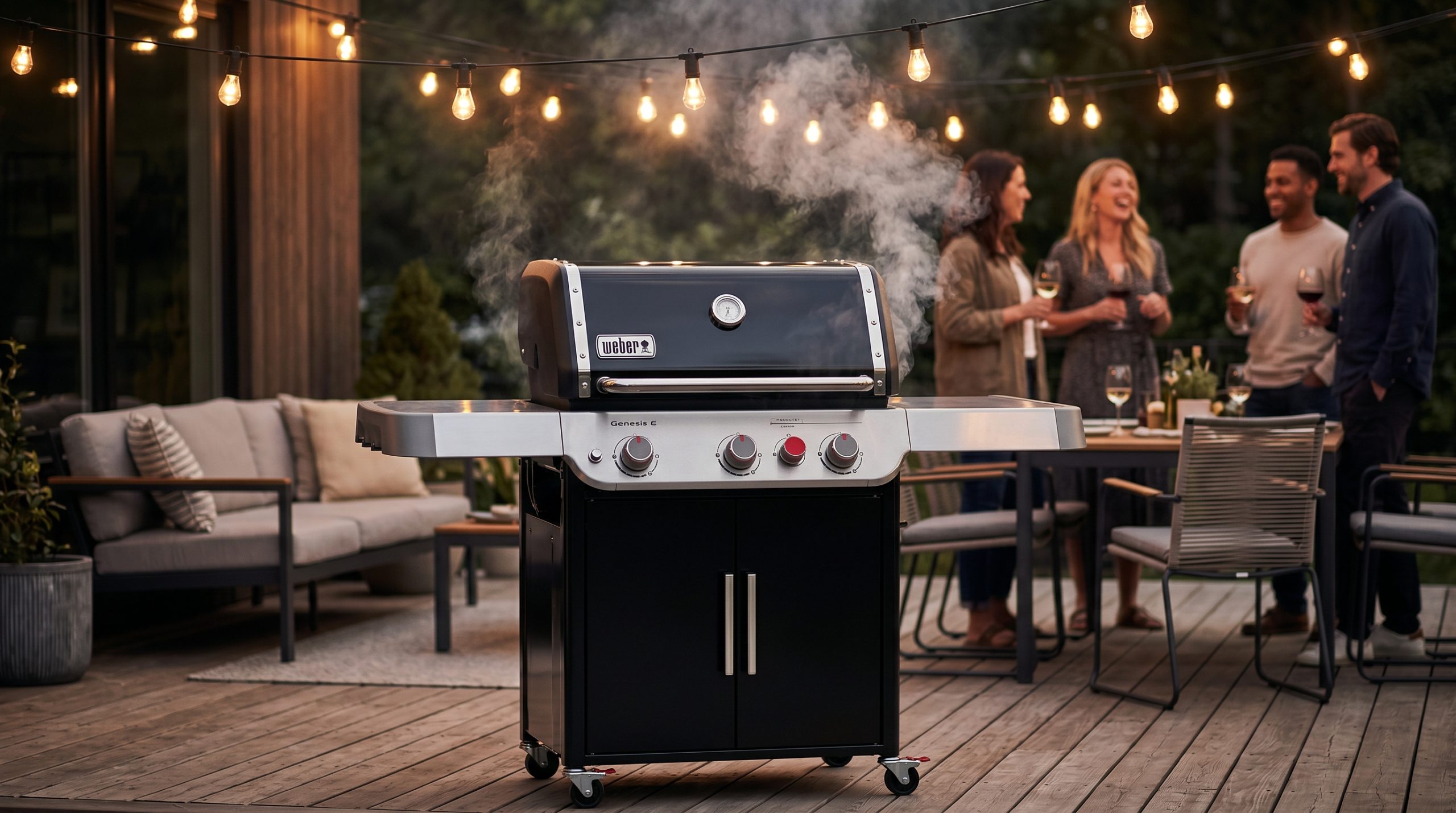 En modern Weber Genesis gasolgrill på en träterrass under en sommarkväll, med rök som stiger från locket. I den oskarpa bakgrunden syns en grupp vänner som umgås, skrattar och håller i vinglas under varma, hängande ljusslingor.