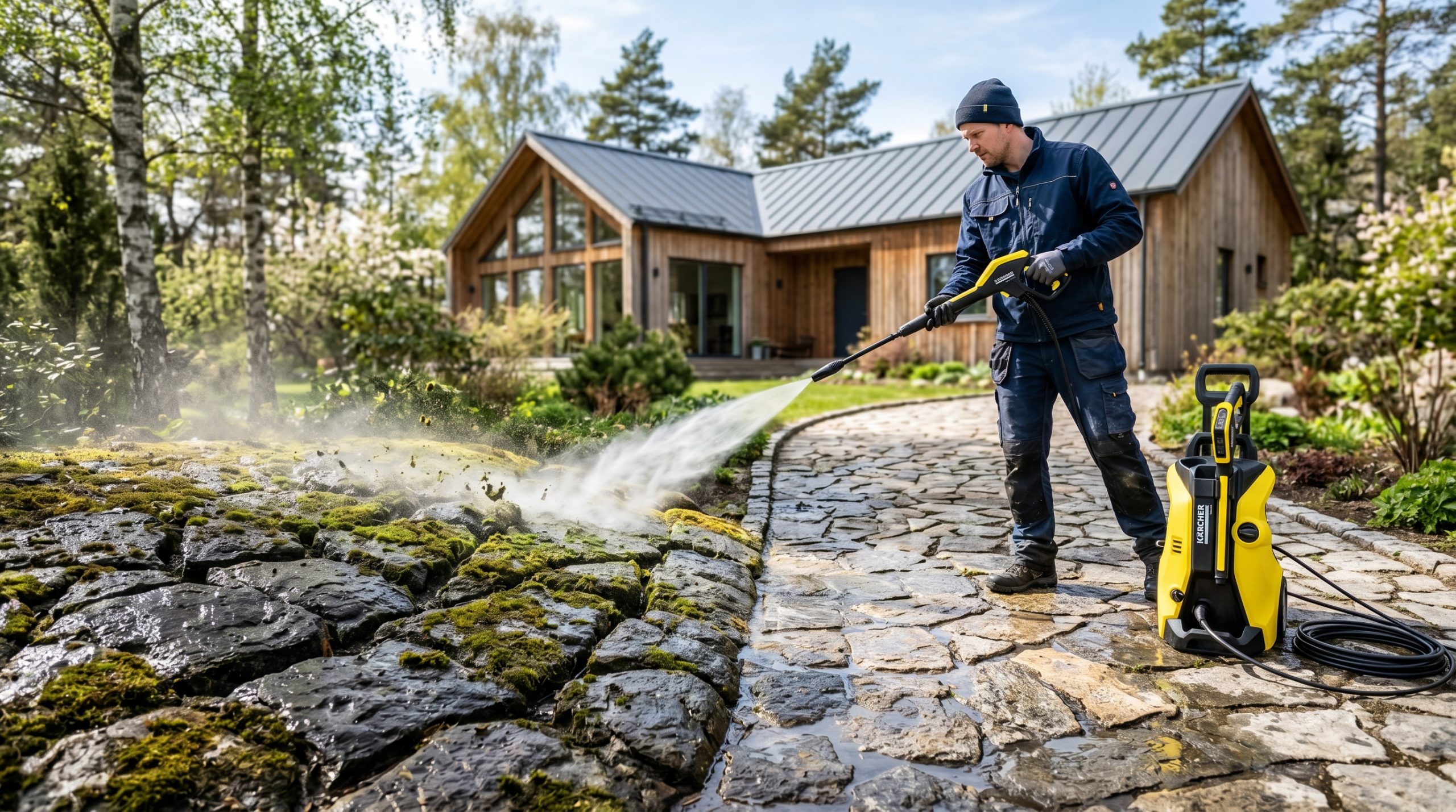 En man rengör en kraftigt mossig stenlagd uppfart med en gul och svart högtryckstvätt. Bilden visar en skarp och tydlig kontrast mellan den smutsiga, obehadlade stenen och den nyss tvättade ytan. I bakgrunden syns ett modernt skandinaviskt trähus i ljust vårsolsken.