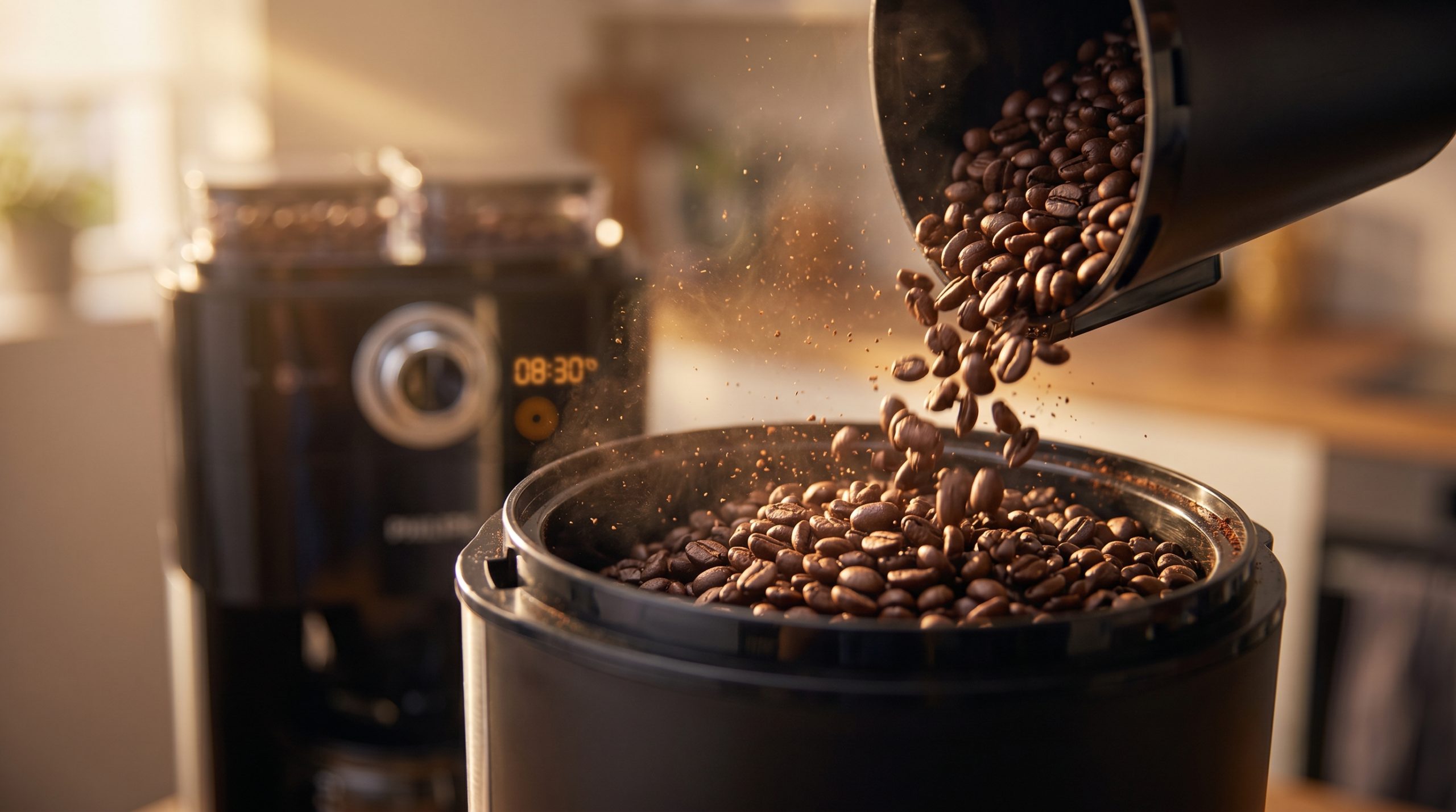 En närbild på mörkrostade kaffebönor som faller ner i bönbehållaren på en Philips Grind & Brew kaffebryggare. Fint kaffedamm svävar i en varm, gyllene ljusstråle mot en mjukt oskarp bakgrund där bryggarens digitala display lyser.