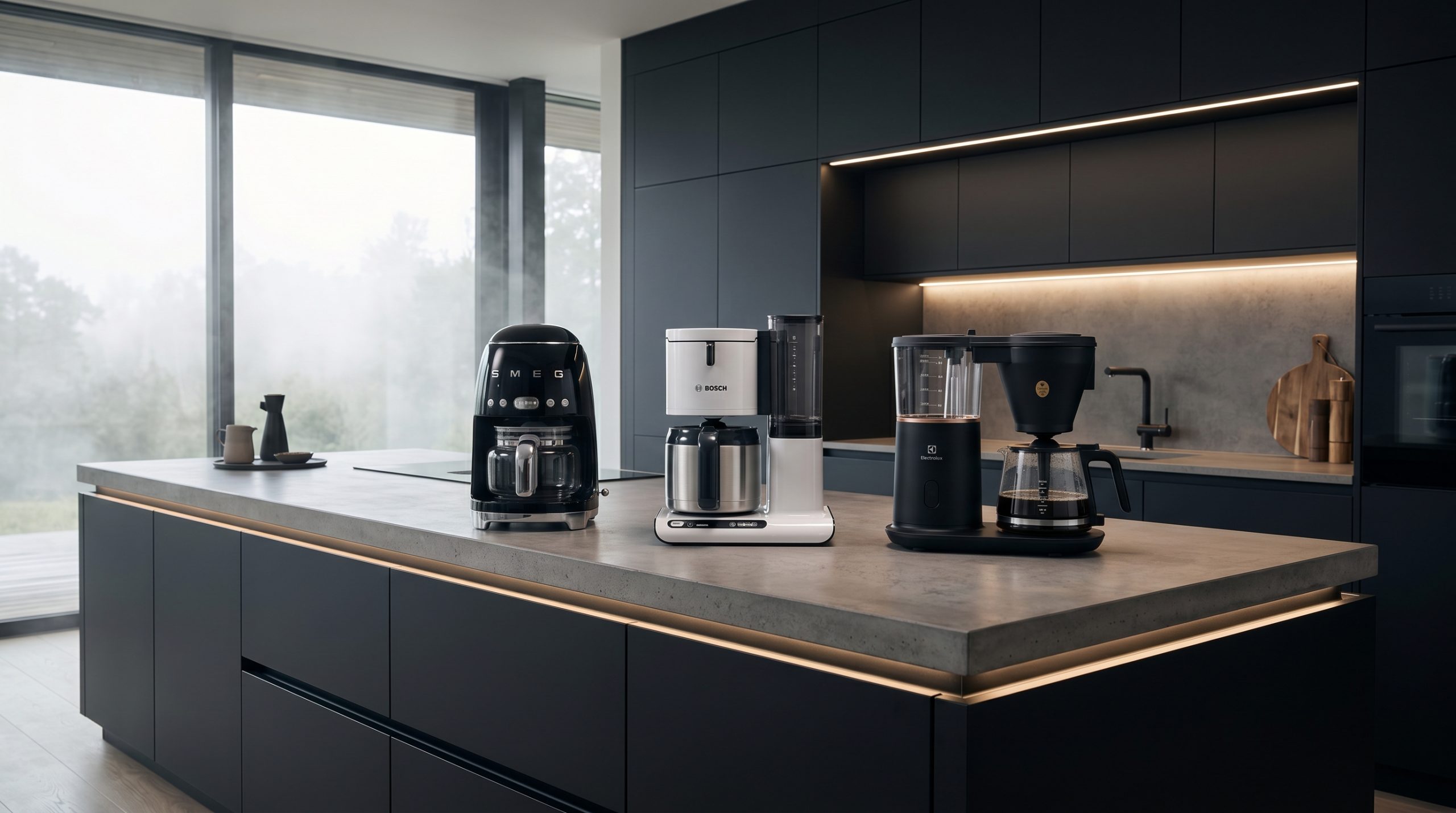 En filmisk vidvinkelbild av en stilren, modern köksö där tre exklusiva kaffebryggare står uppställda: en svart Smeg i retrodesign, en vit Bosch Styline och en svart Electrolux Explore 7. Köket har mörka, matta skåpluckor, integrerad varm belysning och en bänkskiva i sten. I bakgrunden syns stora fönster från golv till tak som vetter ut mot en mjuk morgondimma.