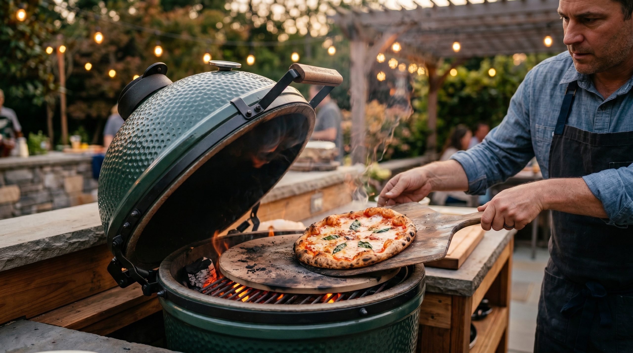 En kock i förkläde använder en pizzaspade i trä för att lyfta ut en nygräddad Margherita-pizza från en öppen, grön Big Green Egg-grill. Grillen står inbyggd i ett utomhuskök i skymningen, med glödande kol och en pizzasten inuti, och stämningsfulla ljusslingor suddigt i bakgrunden.