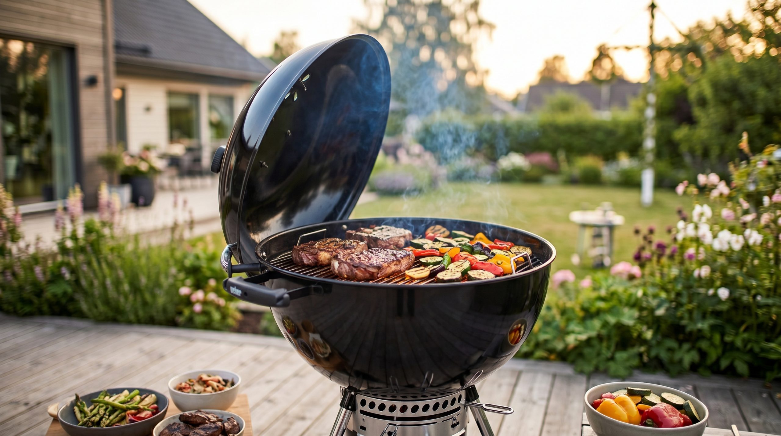 En svart Weber Master-Touch GBS Premium brikettgrill på en träaltan i en lummig trädgård under kvällssolen. Det fjäderbelastade locket är öppet och på grillgallret tillagas biffar och grönsaker över glödande briketter.