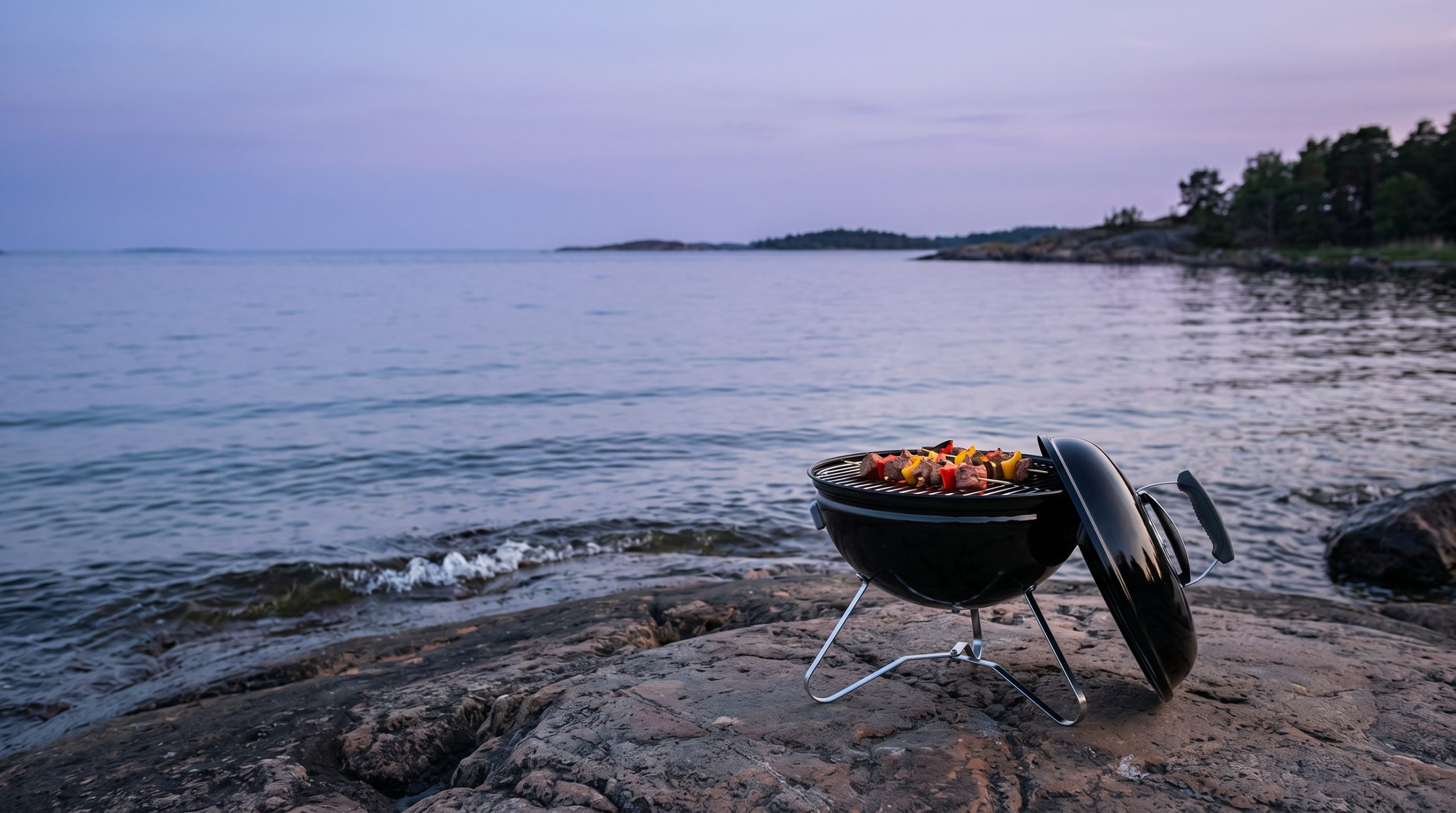 En svart Weber Smokey Joe Premium bärbar grill placerad på en plan klippa vid en svensk strand i skymningen. Grillspett med kött och paprika tillagas över glöden, och locket hålls smidigt på plats vid sidan av Tuck-N-Carry-handtaget. Bakgrunden utgörs av ett stilla hav under en mjuk, lila och blå himmel.