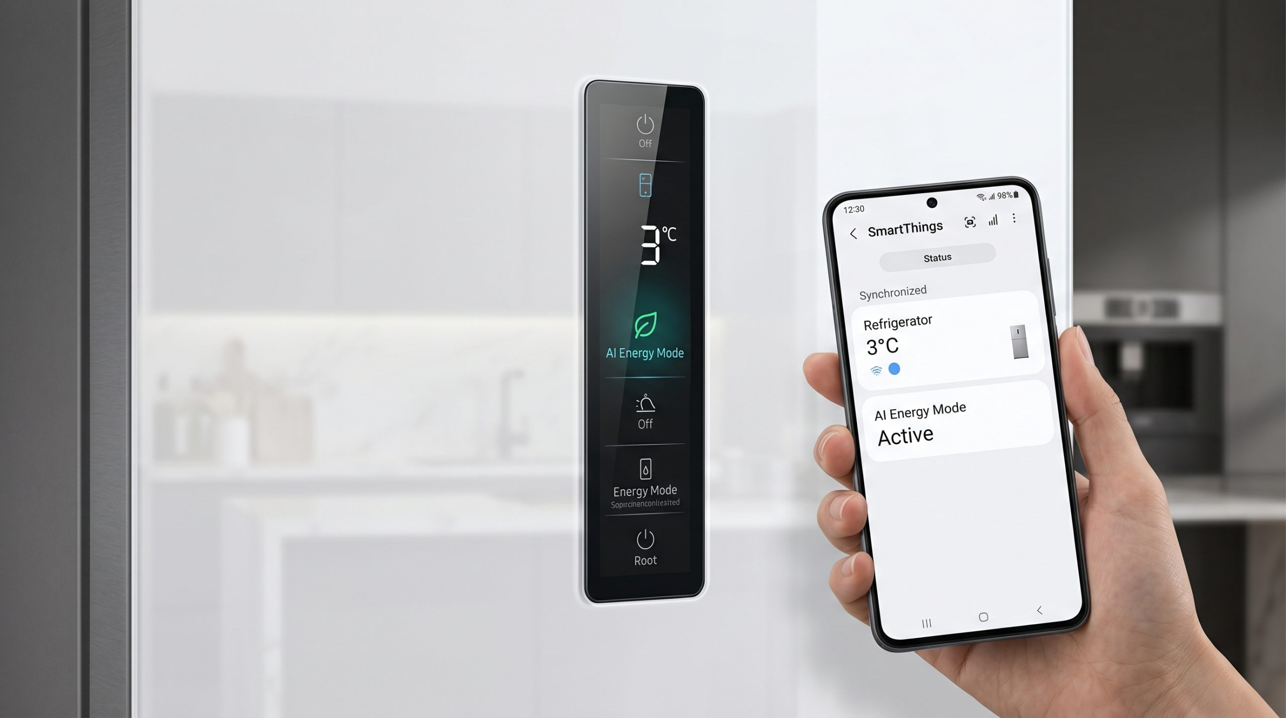 En ultradetaljerad närbild av den svarta, digitala pekskärmen på ett vitt Samsung smart-kylskåp. Skärmen lyser och visar temperaturen 3°C samt "AI Energy Mode" med en grön lövikon. Till höger håller en person en smartphone vars skärm visar SmartThings-appen som är synkroniserad med kylskåpet och bekräftar samma temperatur och energiläge. I bakgrunden syns en suddig reflektion av ett ljust och modernt kök.