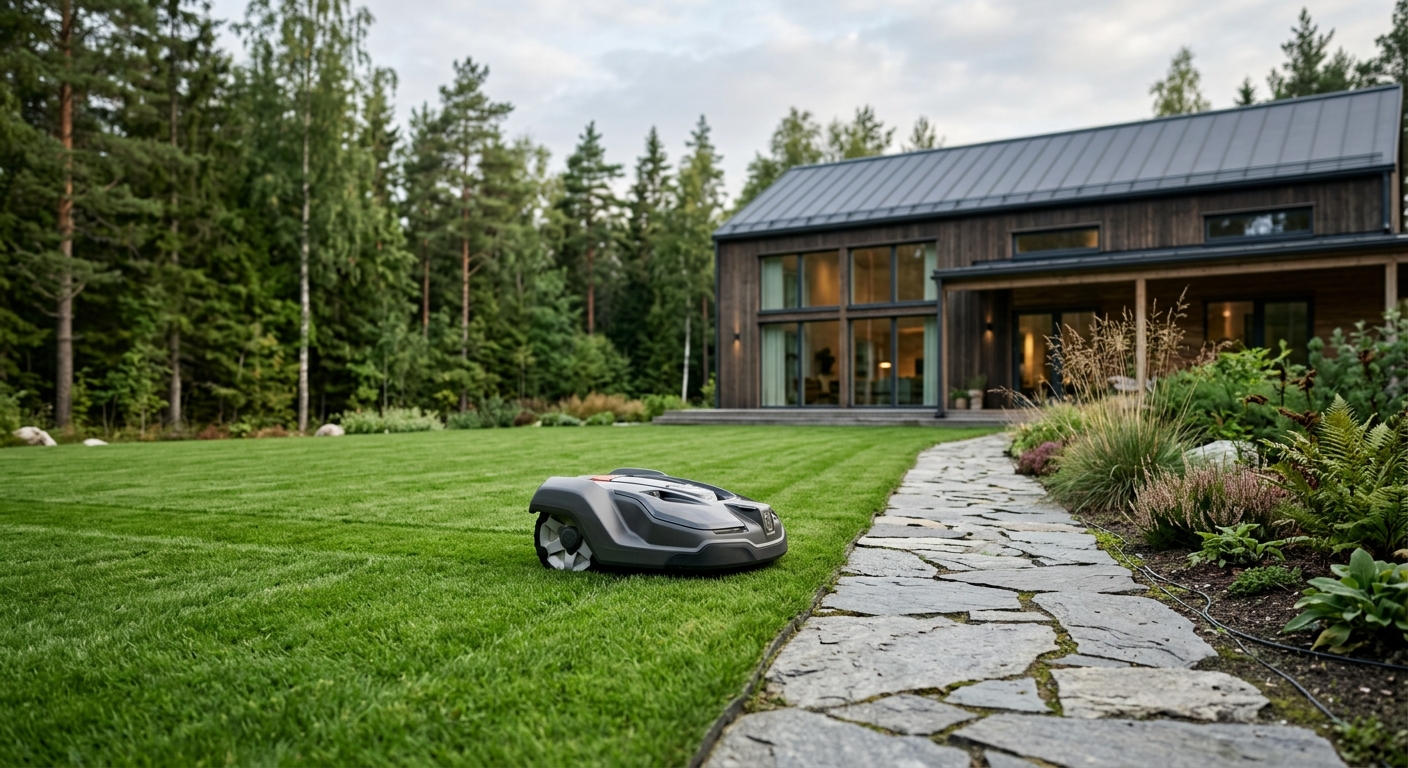 En minimalistisk och modern bild i skandinavisk stil som visar en grå robotgräsklippare i arbete på en perfekt klippt, frodig grön gräsmatta. Till höger om gräsmattan löper en gång av natursten som leder mot en arkitektoniskt modern villa med mörk träpanel och stora fönsterpartier. Bakgrunden domineras av en tät barrskog under en ljus, småmulen morgonhimmel, vilket ger ett naturligt och harmoniskt ljus över hela trädgården.