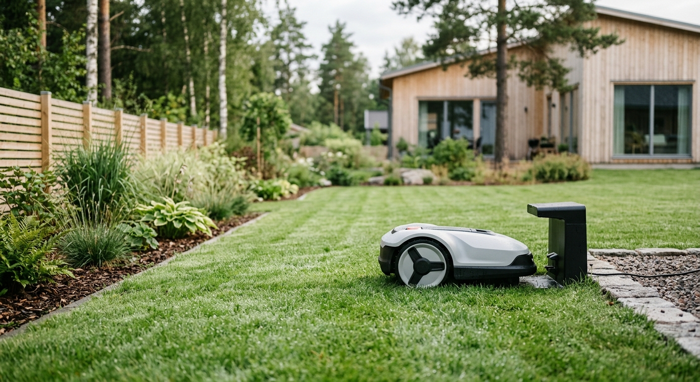 En vit och svart robotgräsklippare som står parkerad vid sin laddstation på en frodig, grön gräsmatta täckt av morgondagg. Bakgrunden visar en modern skandinavisk trävilla med stora fönsterpartier, ett ljust trästaket och välskötta rabatter i ett mjukt, naturligt dagsljus.
