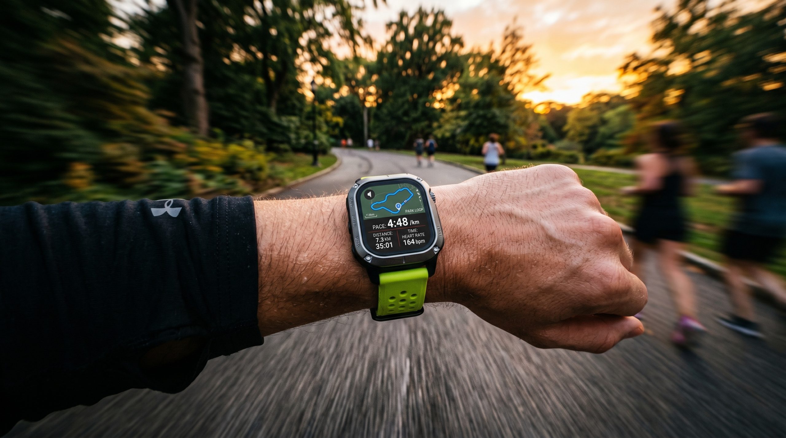 En närbild på en löpares handled med en sportig smartklocka i metall och ett neongrönt armband. Klockans skärm är i fokus och visar en GPS-rutt samt träningsdata som tempo, distans, tid och puls. Bakgrunden utgörs av en asfalterad väg i en lummig grön park under en gyllene solnedgång. Bilden har en kraftig rörelseoskärpa i bakgrunden, där man skymtar andra löpare, vilket skapar en stark känsla av fart och atletisk energi.