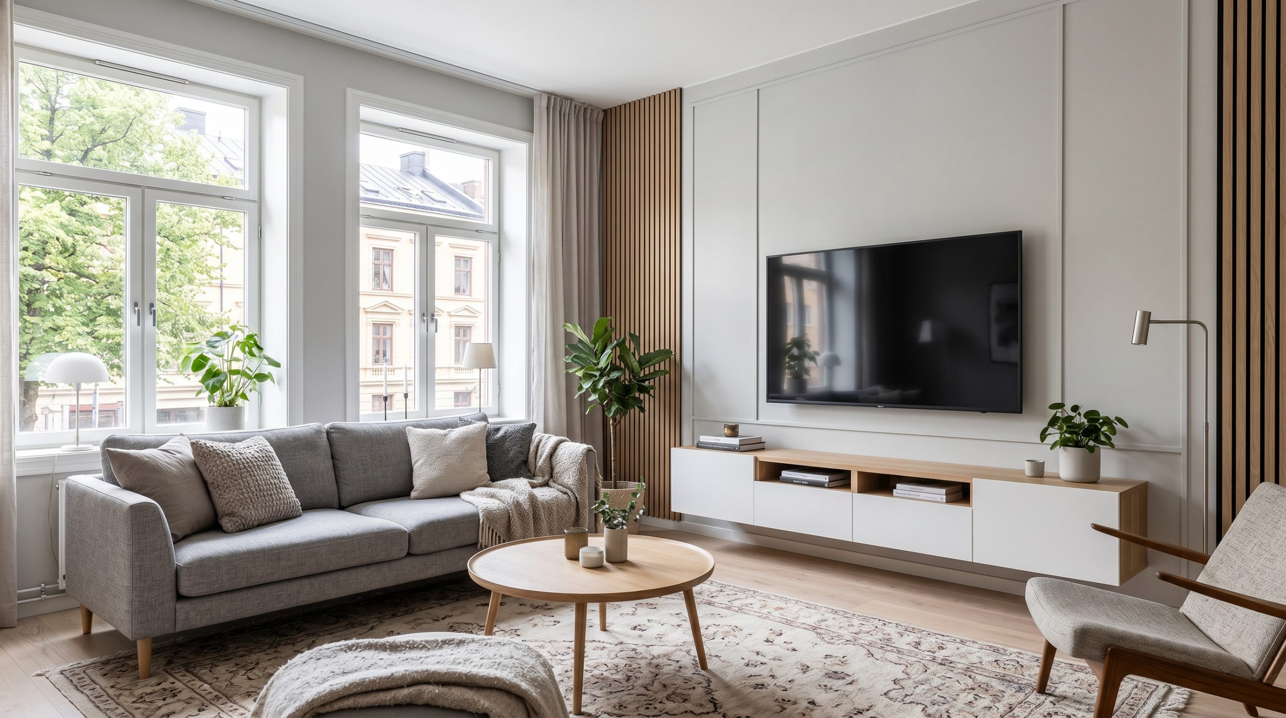 Modern TV på vägg i ett svenskt vardagsrum