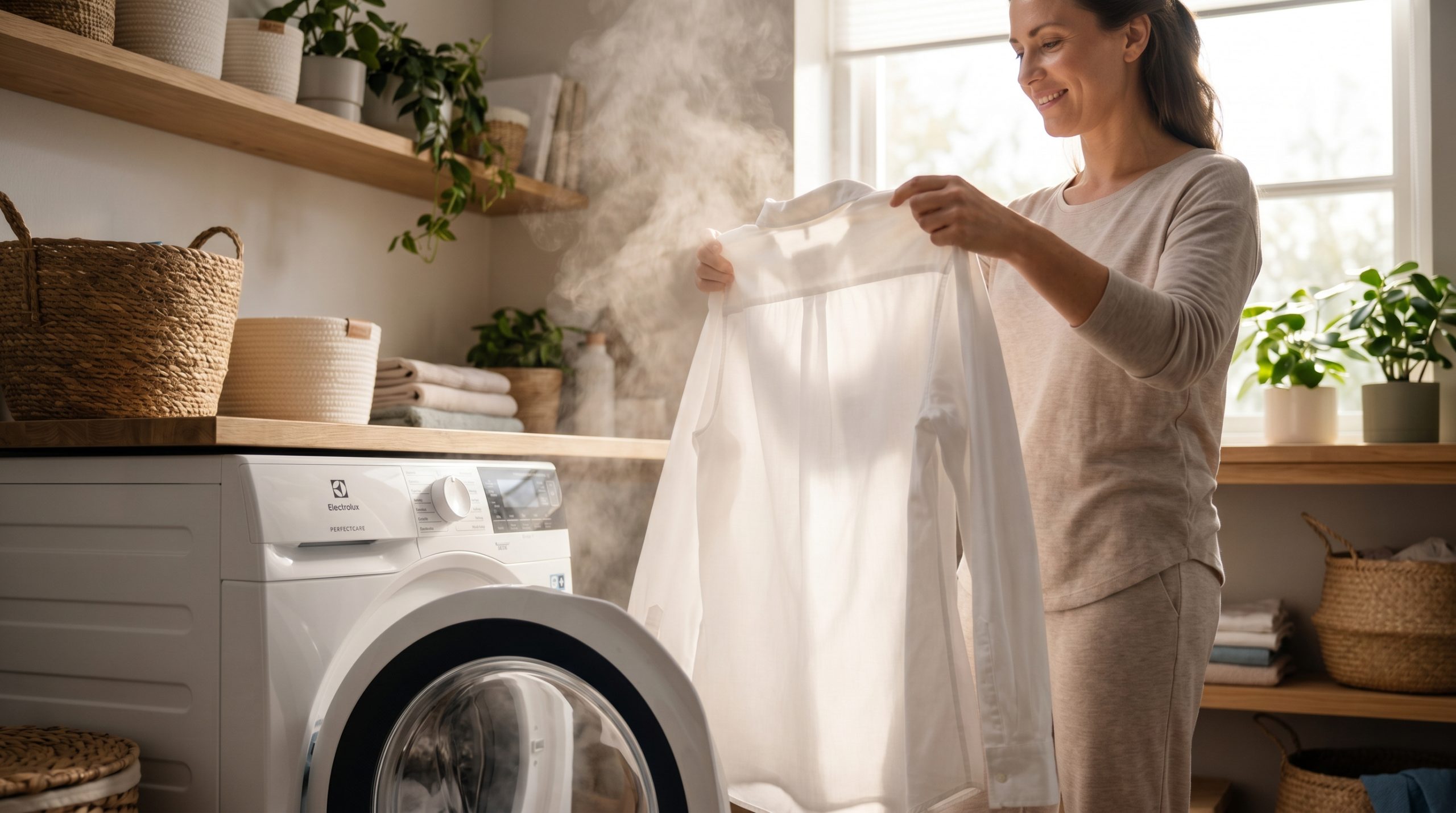 En kvinna ler medan hon lyfter ut en ren, ångande vit skjorta ur en Electrolux PerfectCare-tvättmaskin. Bakgrunden är en ljus, välorganiserad tvättstuga i mjukt morgonljus, inredd med gröna växter och detaljer i trä.