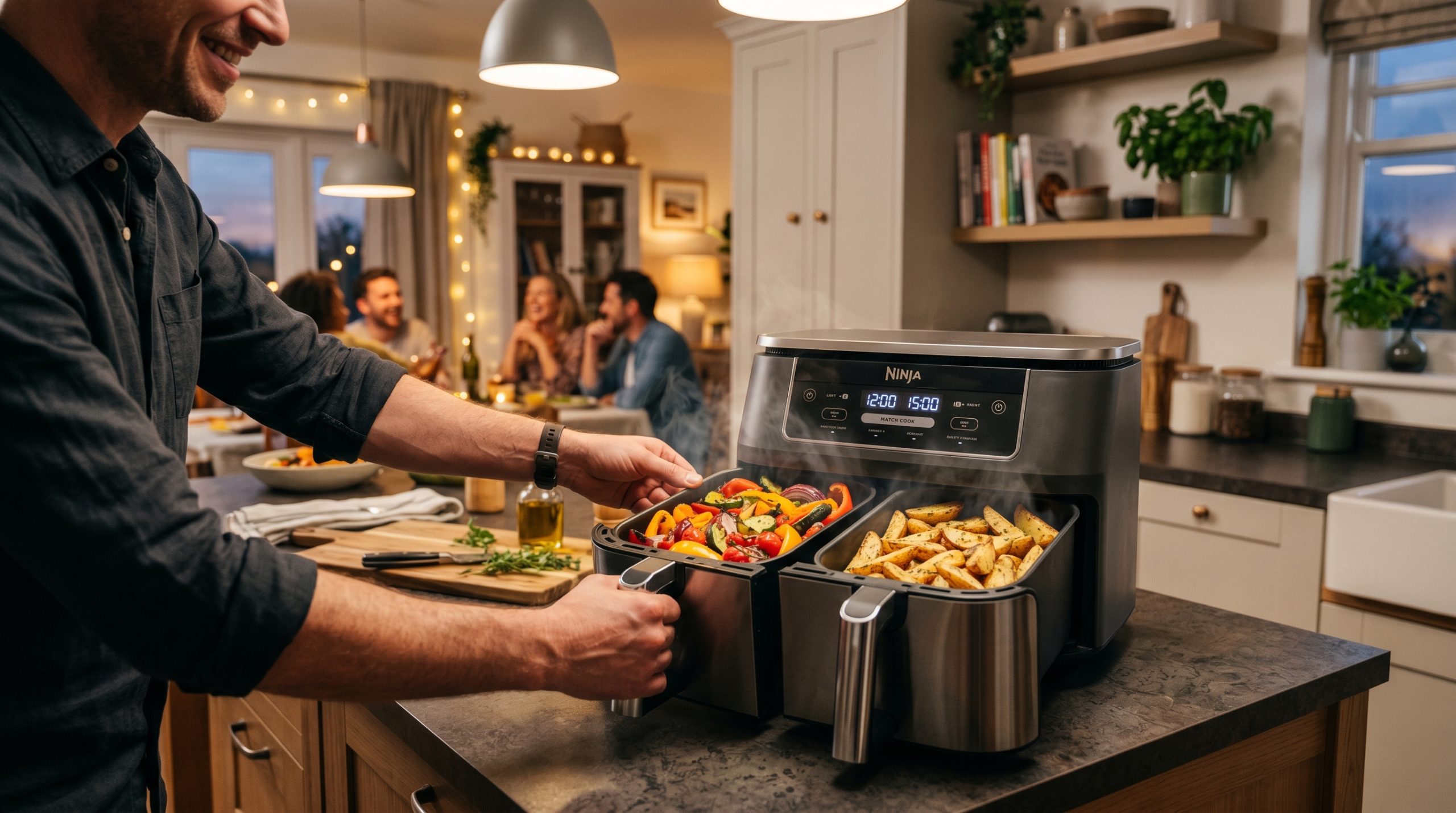 En fotorealistisk bild av en persons händer som skjuter in två korgar i en modern airfryer med dubbla zoner på en köksö. Den ena korgen innehåller varma, rostade medelhavsgrönsaker och den andra rymmer gyllene potatisklyftor som det ångar om. I den mjukt oskarpa bakgrunden syns ett varmt och hemtrevligt kök där människor sitter och umgås