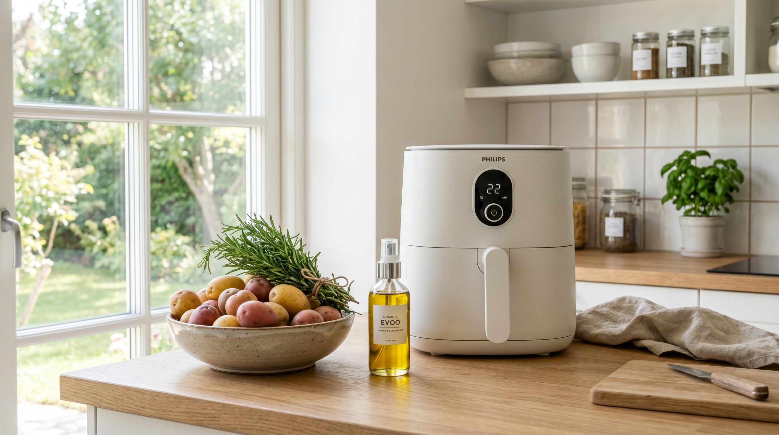 Ett ljust och luftigt kök i skandinavisk stil. På en bänkskiva i ljust trä står en vit, minimalistisk airfryer bredvid en rustik skål fylld med färsk, färgglad potatis och en knippe rosmarin, samt en elegant sprayflaska i glas med olivolja. I bakgrunden strömmar naturligt ljus in från ett fönster med utsikt över en grönskande trädgård