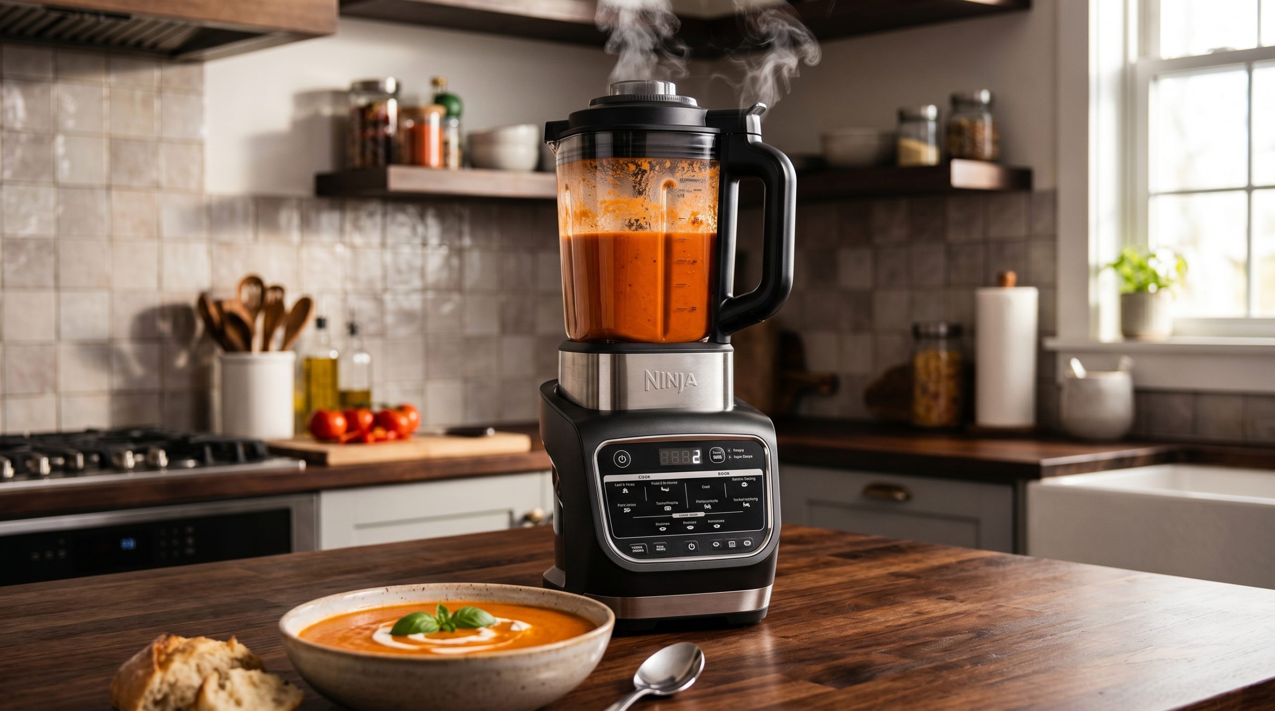 En Ninja Foodi Hot & Cold-mixer står på en mörk bänkskiva av trä i ett rustikt-modernt kök och tillagar varm tomat- och paprikasoppa. Vit ånga stiger upp från mixerns lock. I förgrunden står en skål med den färdiga, släta orangea soppan, garnerad med en gräddvirvel och ett färskt basilikablad