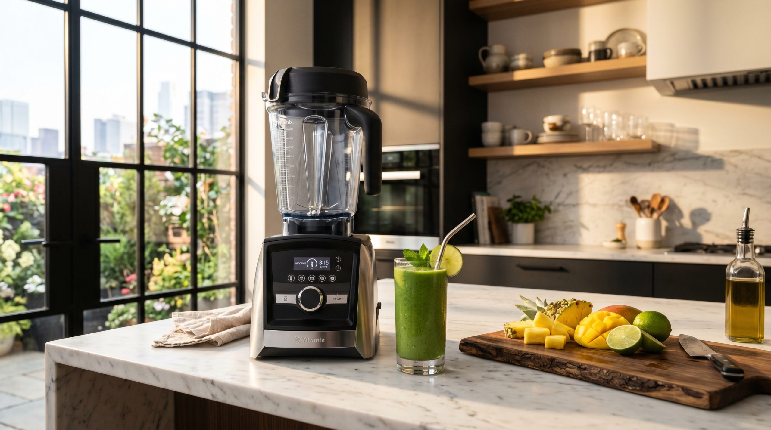 En filmisk vidvinkelbild av en exklusiv Vitamix-mixer i borstat rostfritt stål med en lysande digital touchskärm, placerad på en köksö i vit marmor. Det gyllene morgonsolsljuset strömmar in genom ett stort industrifönster. Bredvid mixern står ett immigt glas med en grön smoothie och en rustik skärbräda i trä med skivade tropiska frukter, mot en bakgrund av ett suddigt, modernt och minimalistiskt kök