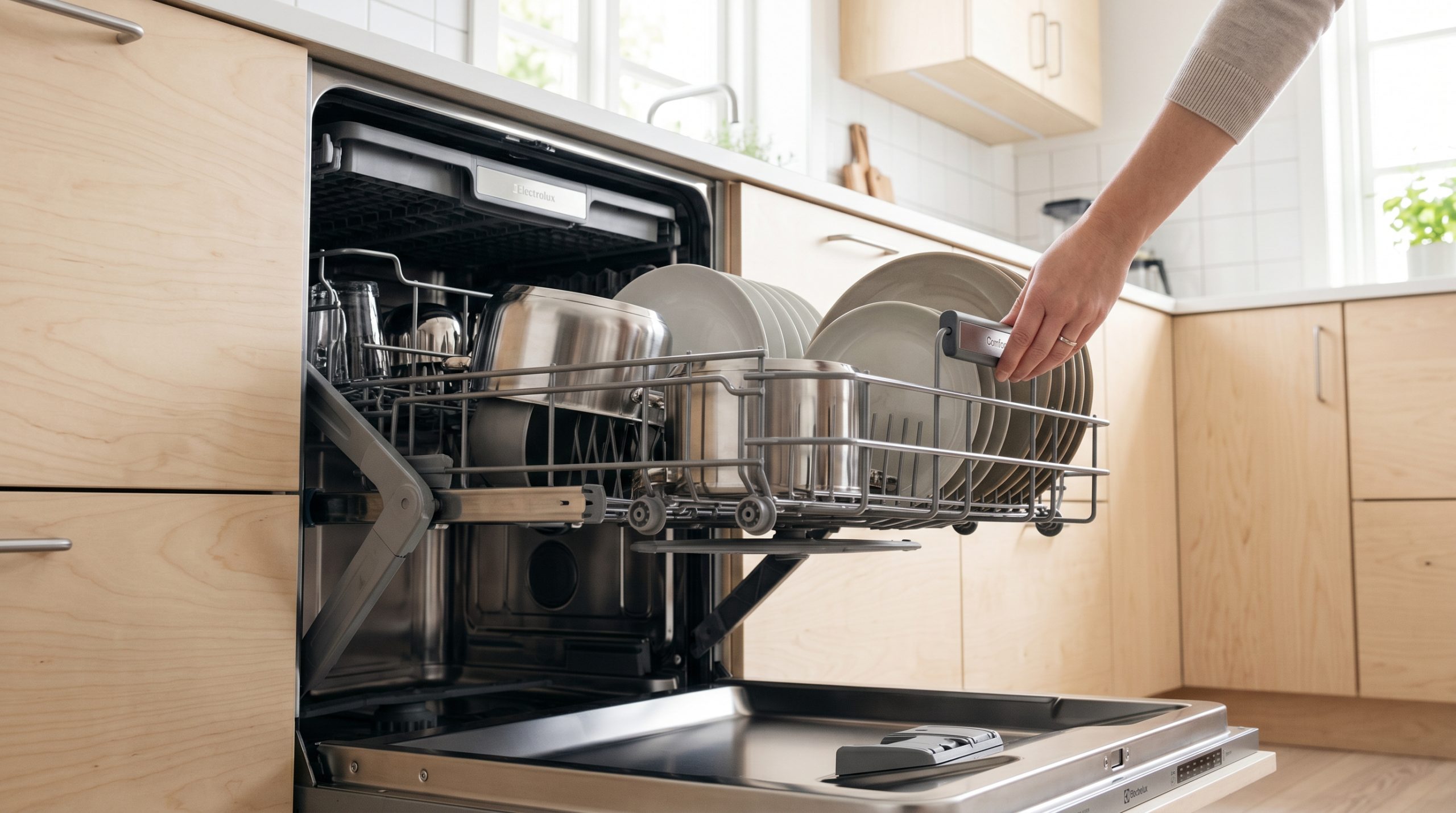 En detaljerad bild ur låg vinkel som visar en öppen diskmaskin från Electrolux 800-serie i ett ljust skandinaviskt kök med ljusa björkskåp och vitt kakel. Den nedre korgen, fylld med keramiktallrikar och rostfria kastruller, är upplyft till samma nivå som den övre korgen tack vare ComfortLift-tekniken. En hand vilar mjukt på handtaget och demonstrerar den ergonomiska designen.