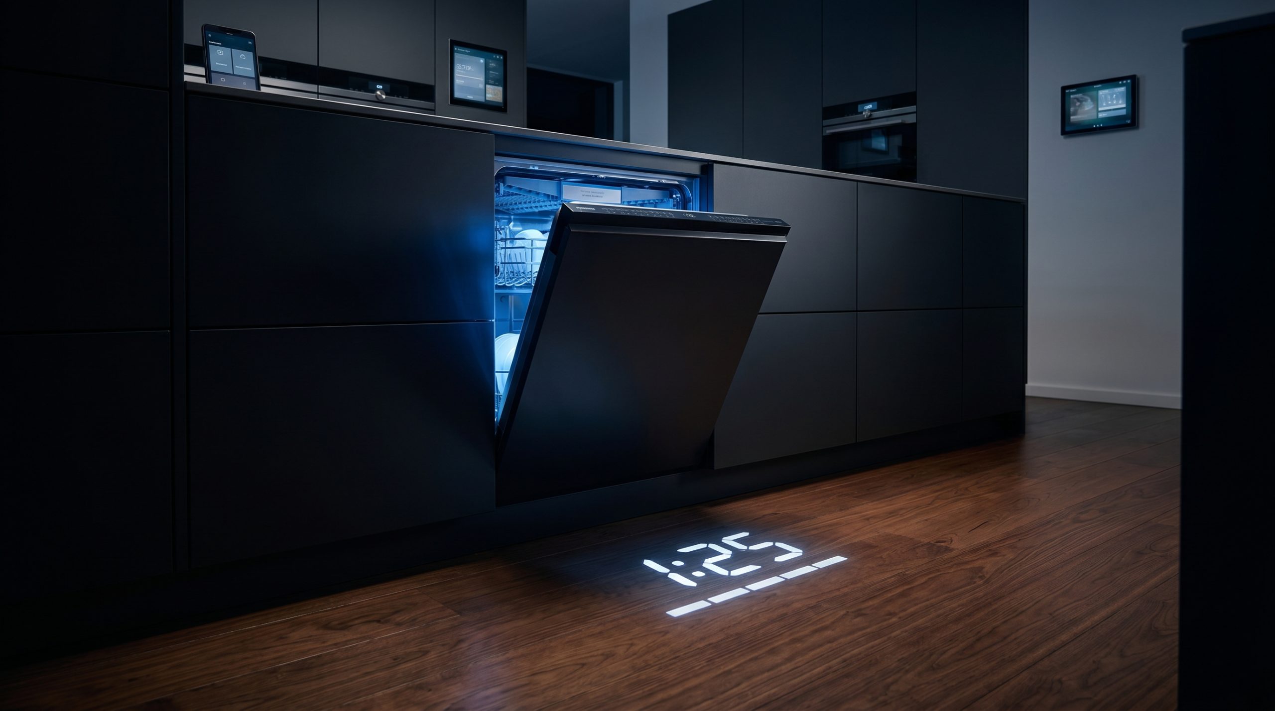 En stämningsfull kvällsbild av ett futuristiskt, handtagslöst kök med en Siemens iQ700-diskmaskin. Maskinens insida lyses upp av ett blått 'emotionLight', medan 'TimeLight' projicerar den återstående disktiden med tydliga vita siffror på det mörka trägolvet