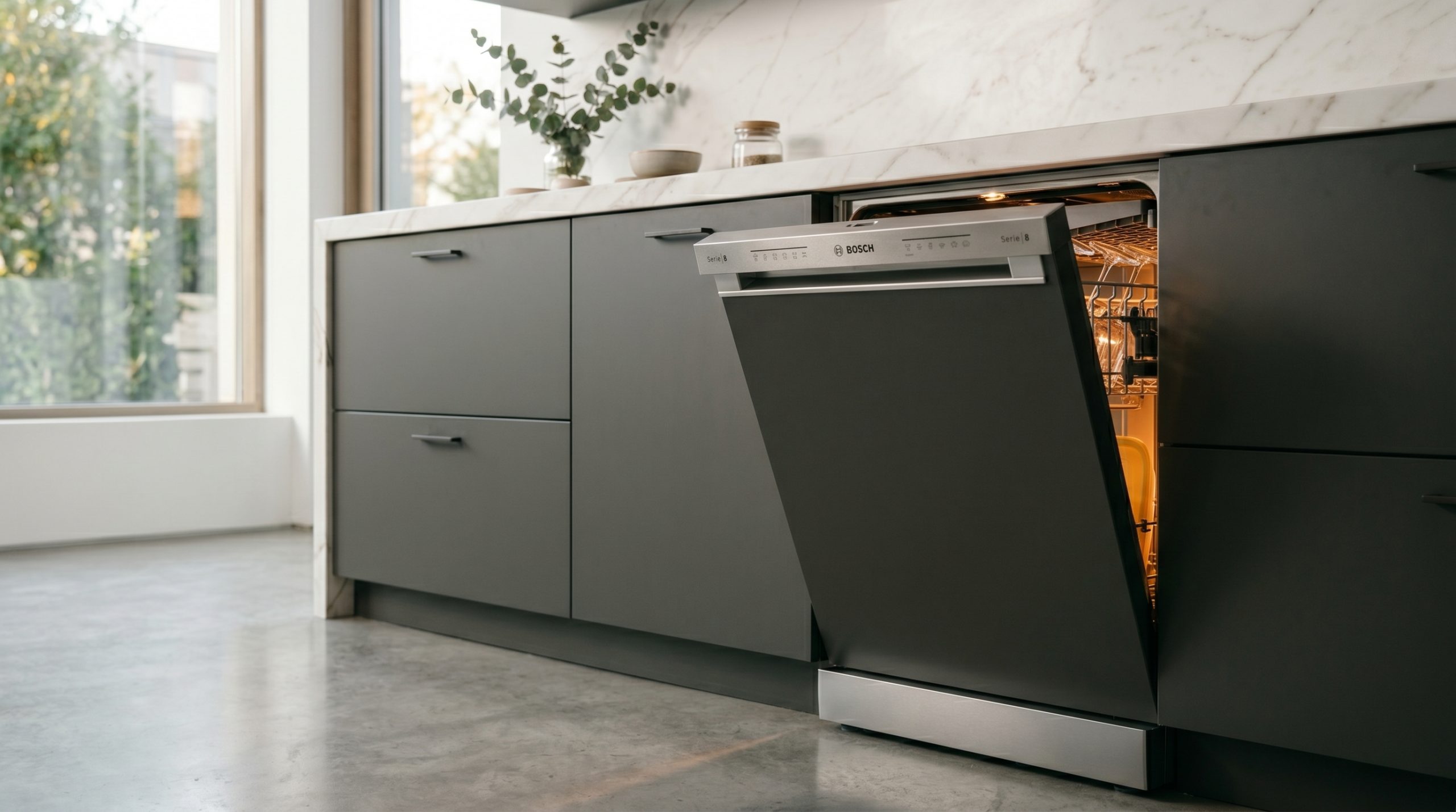 Ett fotografi av ett modernt kök med en inbyggd Bosch Series 6 diskmaskin med luckan öppen och inre belysning tänd. Omgiven av mörkgrå skåp och en bänkskiva i marmor, med ett stort fönster och grönska i bakgrunden.