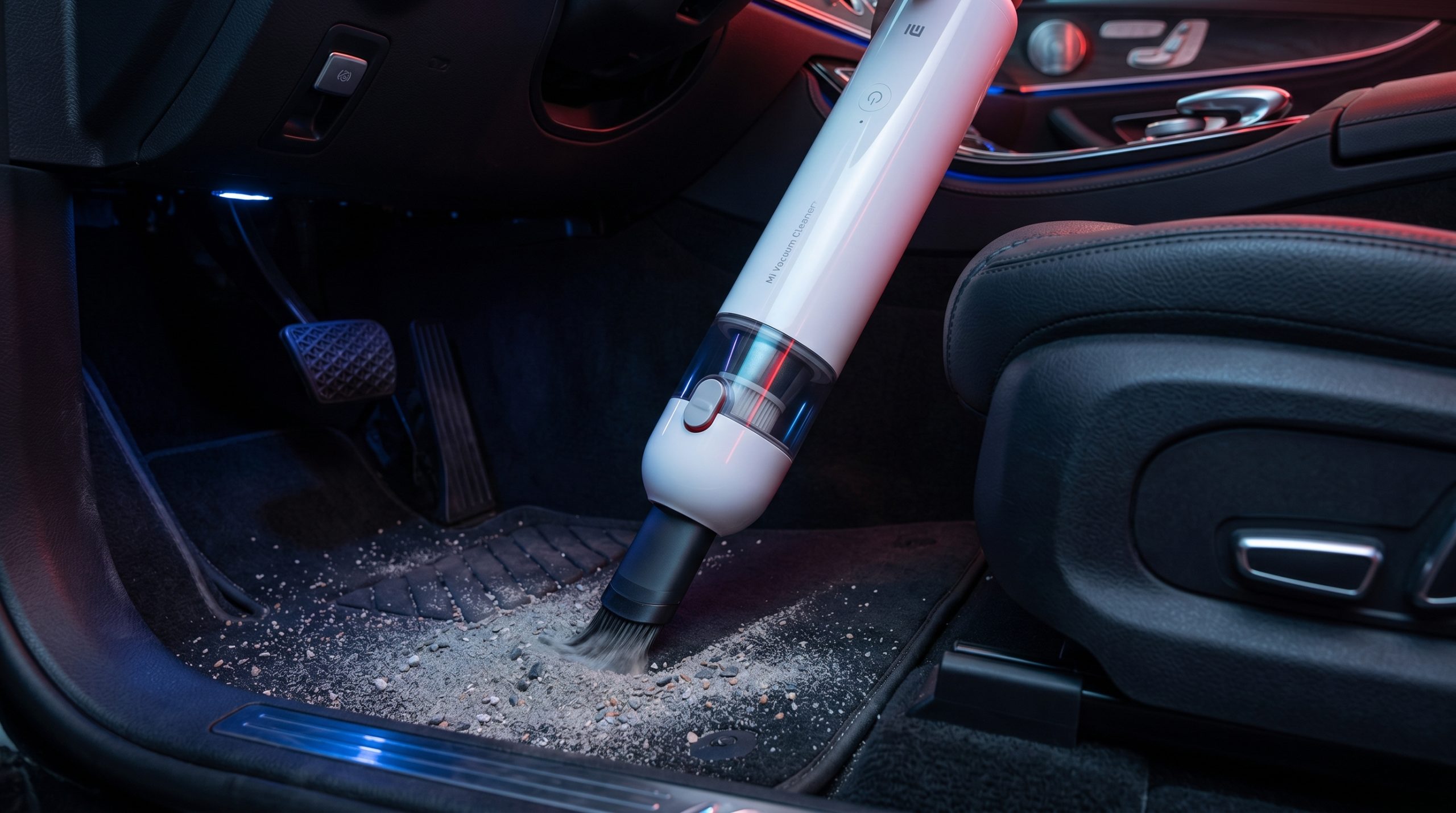 En vit handhållen Xiaomi Mi Vacuum Cleaner Mini som suger upp sand och grus från en svart bilmatta i en lyxbil med svarta lädersäten, upplyst av dramatisk blå och röd interiörbelysning