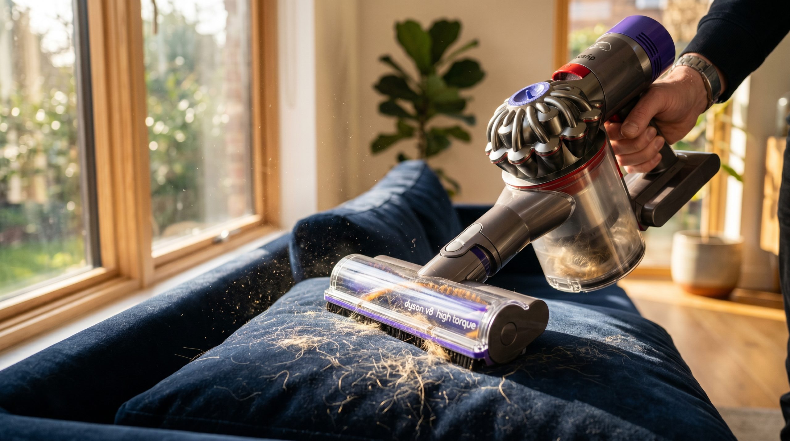 En detaljerad närbild av en Dyson V8 handdammsugare som suger upp ljust hundhår från en mörkblå sammetssoffa. Solljus strömmar in genom ett fönster i ett modernt vardagsrum och lyser upp dammpartiklar i luften kring det roterande borsthuvudet.