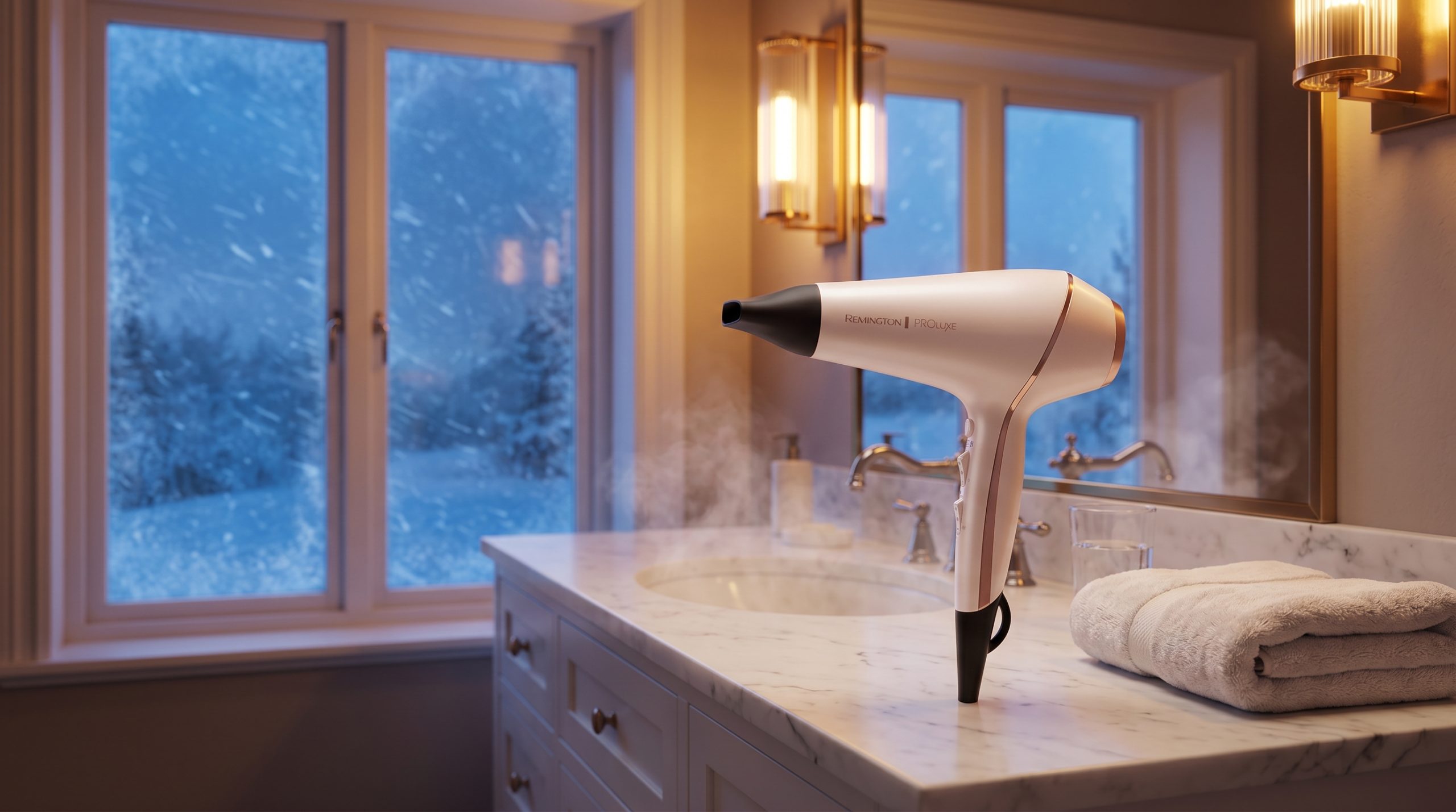 En Remington PROluxe hårtork står på ett vitt marmorhandfat i ett varmt upplyst, lyxigt badrum. Bredvid ligger en mjuk vit handduk och ett glas vatten, med lätt ånga som stiger från vasken. Utanför fönstret syns en kall snöstorm i blå skymning