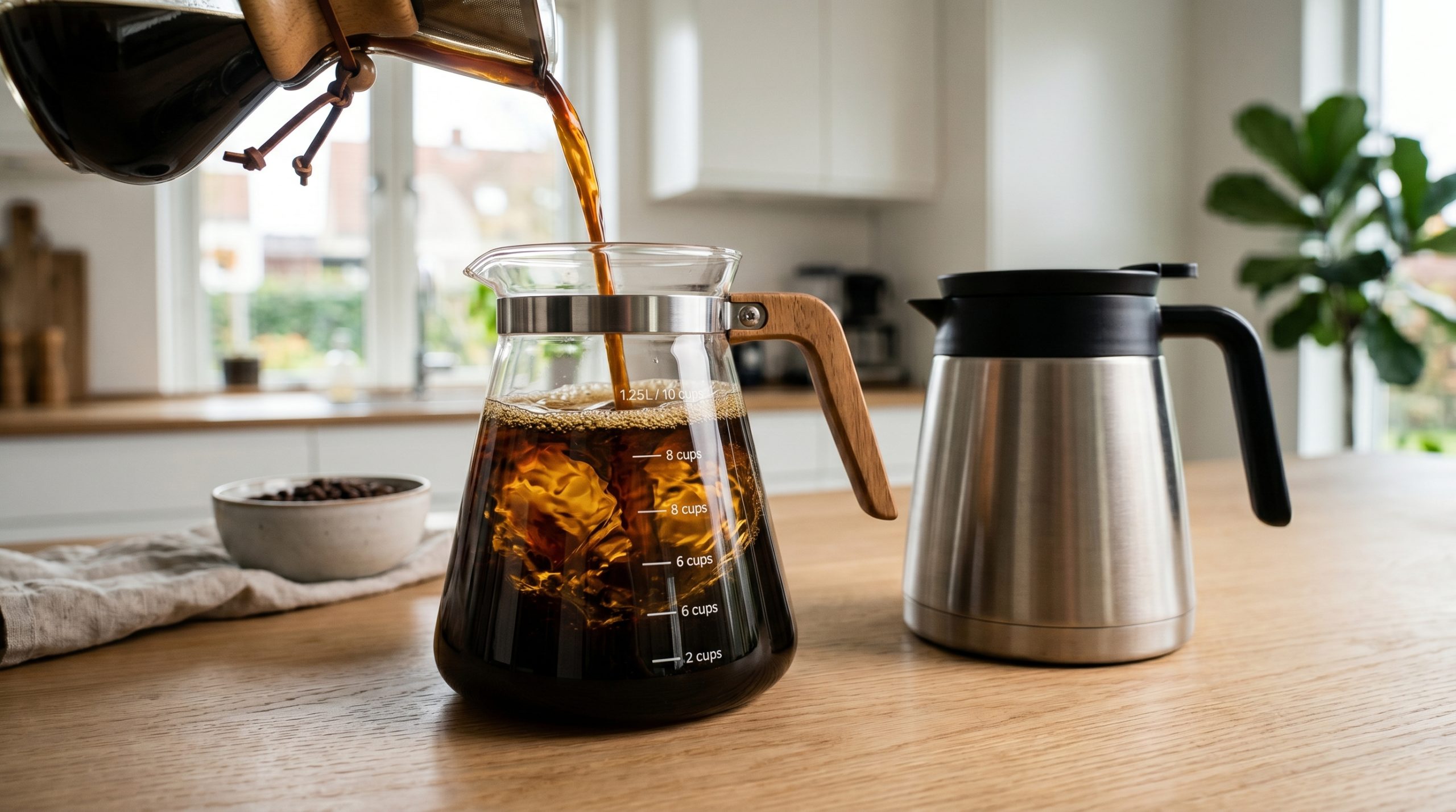Kaffe hälls upp i en glaskanna med trähandtag och måttangivelser upp till 1.25 liter, vilket skapar virvlar i den mörka drycken. På bänkskivan i ljus ek bredvid står en stilren termoskanna i rostfritt stål. I den mjukt oskarpa bakgrunden syns ett minimalistiskt skandinaviskt kök med en liten skål kaffebönor och en grön krukväxt.
