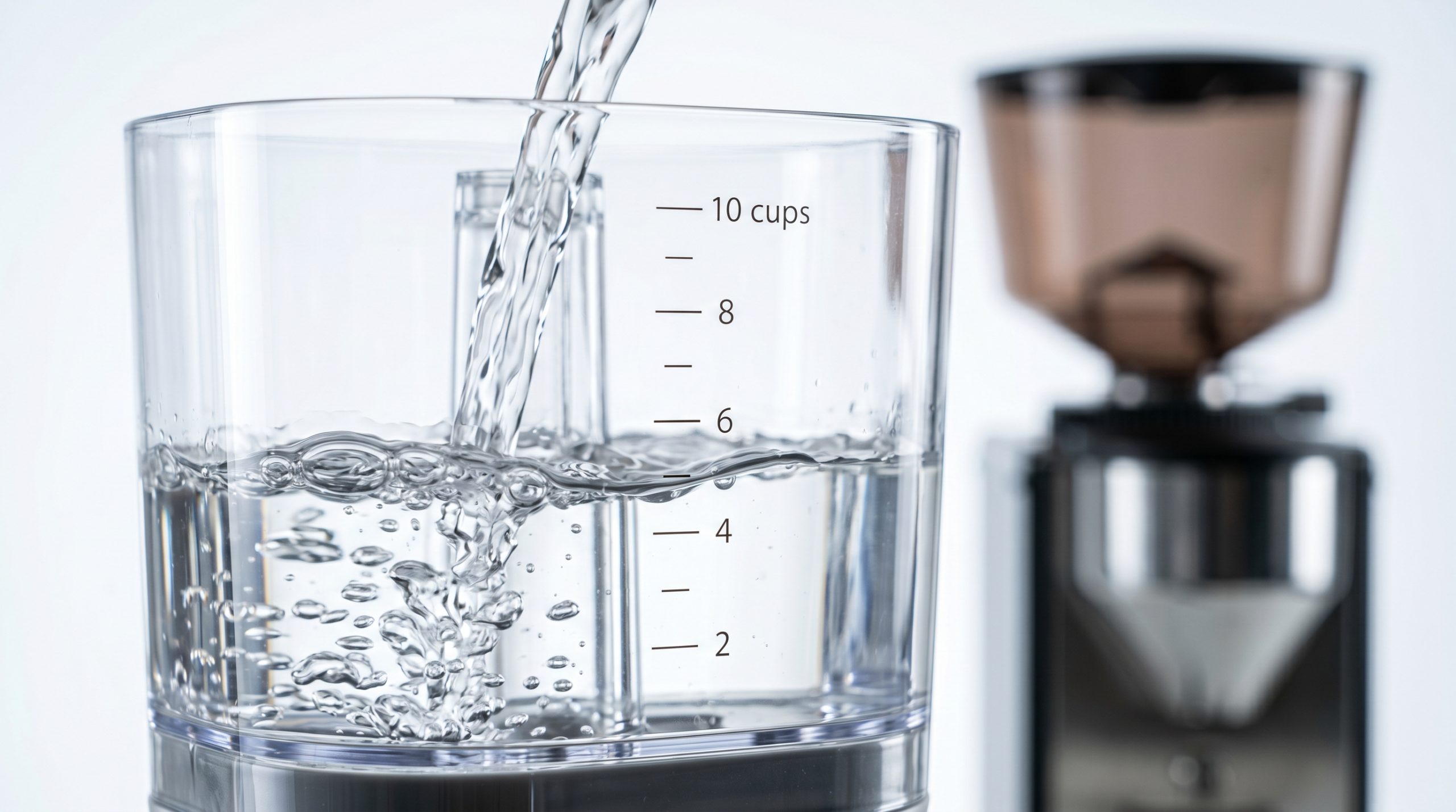Närbild på en kaffebryggares genomskinliga vattentank. Kristallklart vatten hälls i och skapar bubblor och krusningar, med tydliga måttlinjer från 2 till 10 koppar på plastens sida. I den ljusa bakgrunden står en suddig kaffekvarn