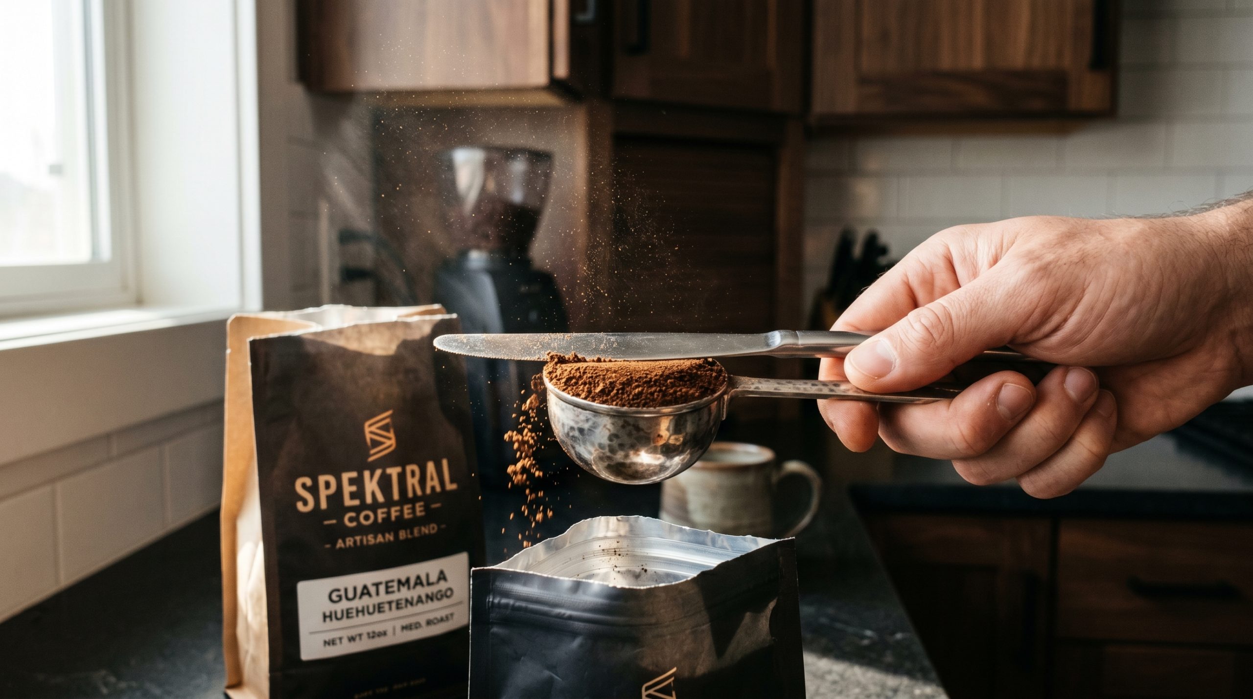Närbild på en hand som drar en smörkniv över ett kaffemått i silver för att skapa ett struket mått. I bakgrunden syns en kaffepåse i ett kök.