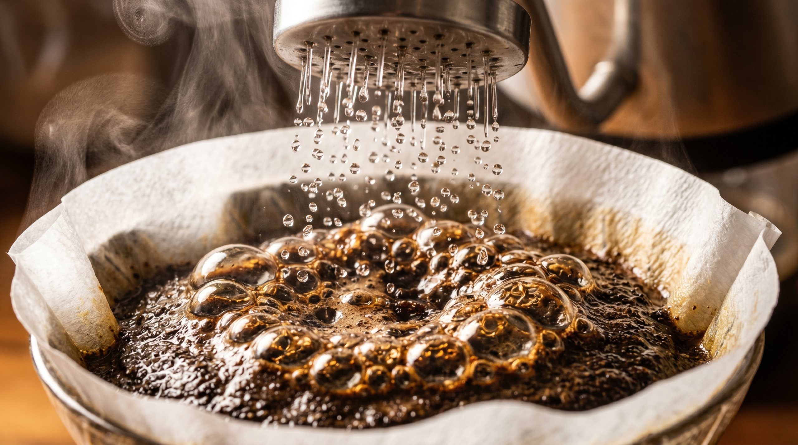 n extrem närbild i professionell matfotograferingsstil som visar kaffeblomningsprocessen (the bloom). Hett vatten strömmar från ett duschmunstycke i metall och mättar nymalet kaffe i ett vitt pappersfilter. Stora, genomskinliga koldioxidbubblor stiger från det mörka, våta kaffet och skapar en skummande yta. Eleganta virvlar av ånga stiger upp i luften under en varm och dramatisk belysning som framhäver kaffeoljornas gyllenbruna reflektioner.