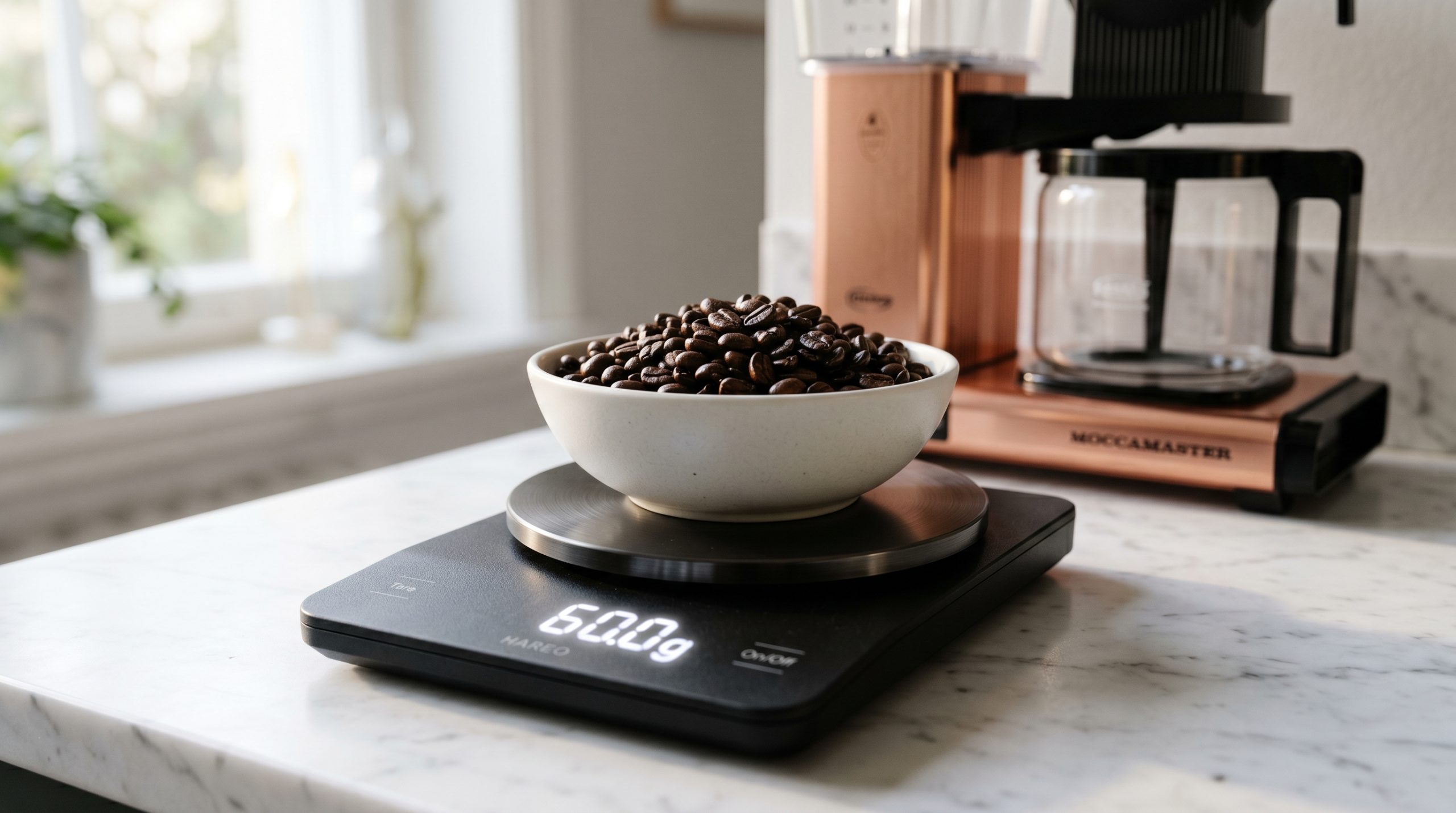 En närbild av en matt svart digital köksvåg på en vit marmorbänk. Vågens display lyser vitt och visar 60.0g. På vågen står en minimalistisk ljus keramikskål fylld med mörkrostade kaffebönor. I den suddiga bakgrunden skymtar en kopparfärgad kaffebryggare i ett mjukt ljus från ett fönster.