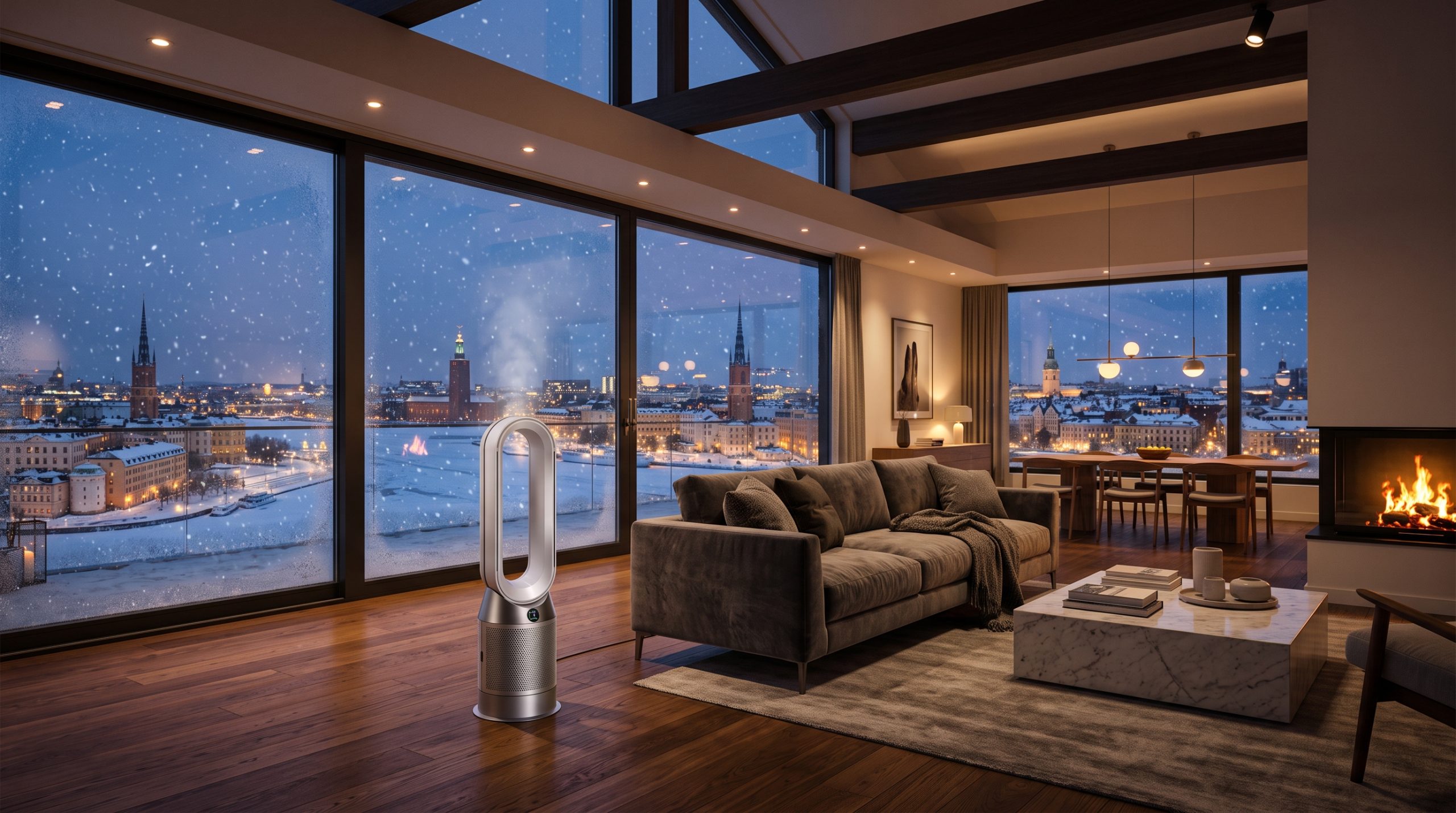 En bred, filmisk vy av en lyxig takvåning i Stockholm under en snöig skymning. I förgrunden står en futuristisk luftrenare på ett polerat ekgolv. Genom stora panoramafönster faller mjuka snöflingor mot stadens ljus. Interiören badar i en varm och inbjudande belysning, vilket skapar en stark kontrast mellan den iskalla vintern utanför och den perfekt luftfuktade, hemtrevliga fristaden inomhus.