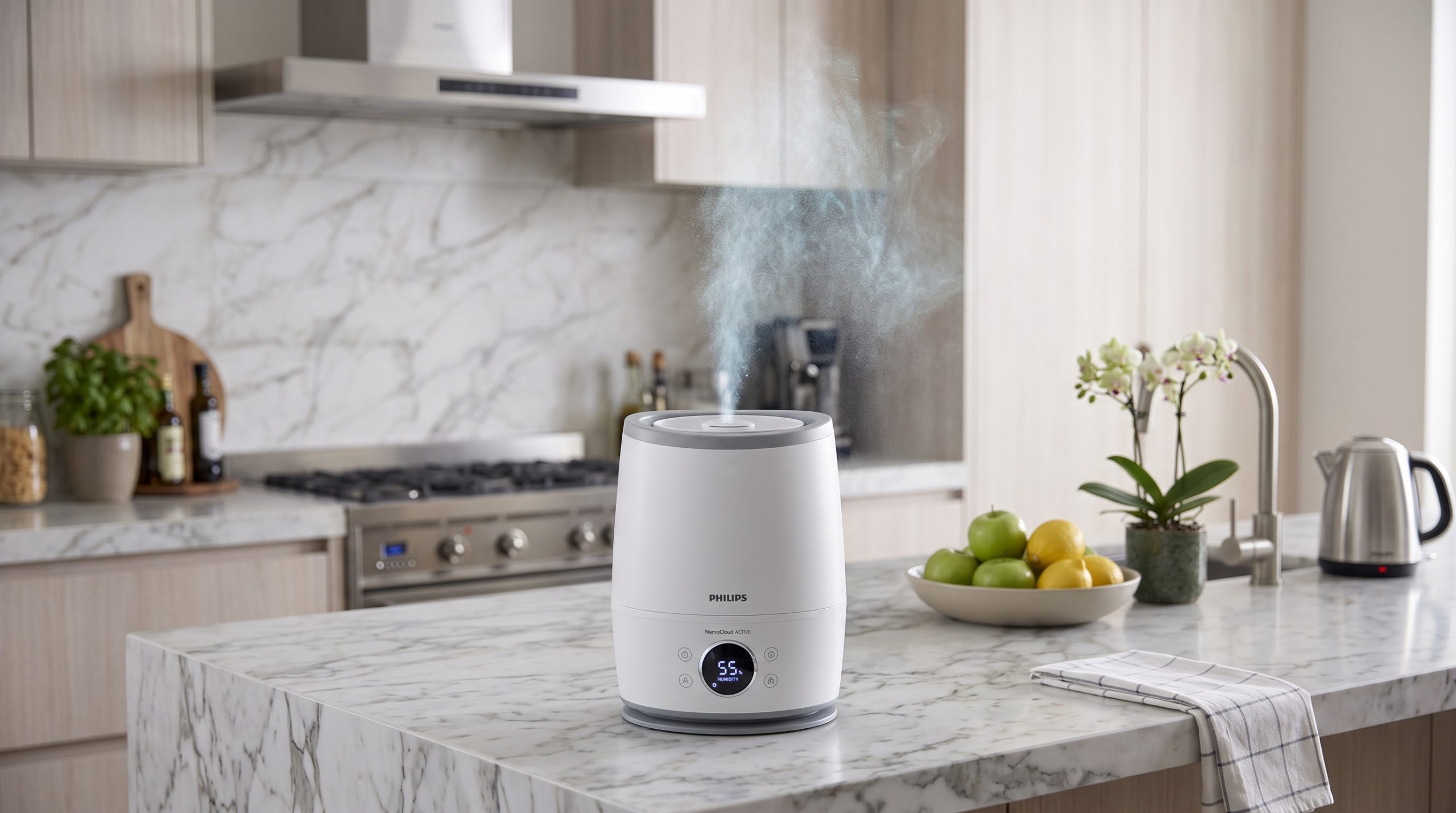 En vit Philips NanoCloud-luftfuktare som är i gång och avger fukt på en köksö av marmor i ett modernt, ljust kök. I bakgrunden syns bland annat en spis, en skål med färsk frukt och en vit orkidé