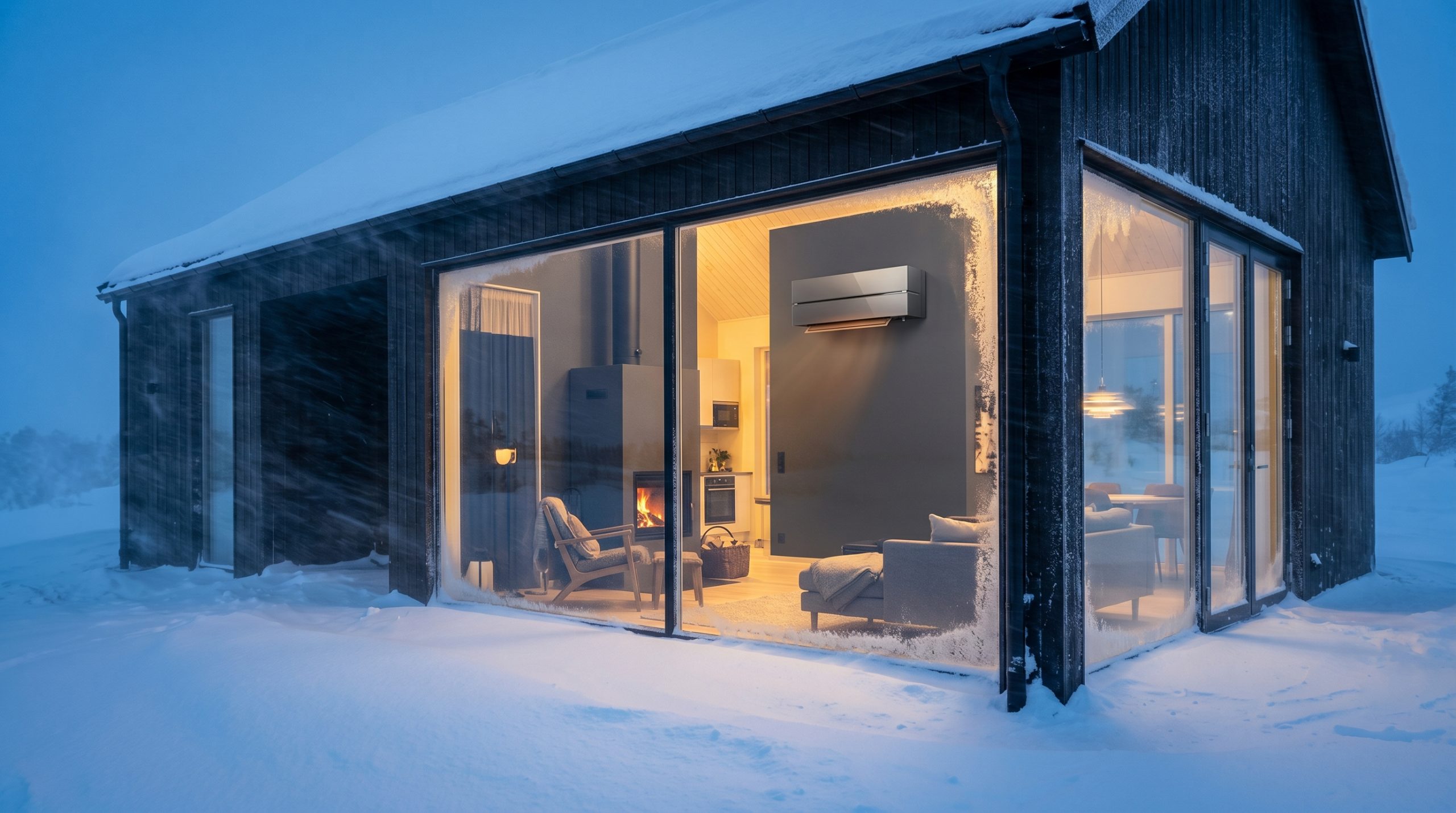 En vid filmisk exteriörbild av en modern svart skandinavisk träfasa under en snöstorm i den blå timmen. Genom stora panoramafönster syns ett varmt, gyllene upplyst vardagsrum med en stilren mörkgrå luftvärmepump monterad på en vägg, vilket skapar en stark kontrast till det kalla och snöiga vinterlandskapet utanför.