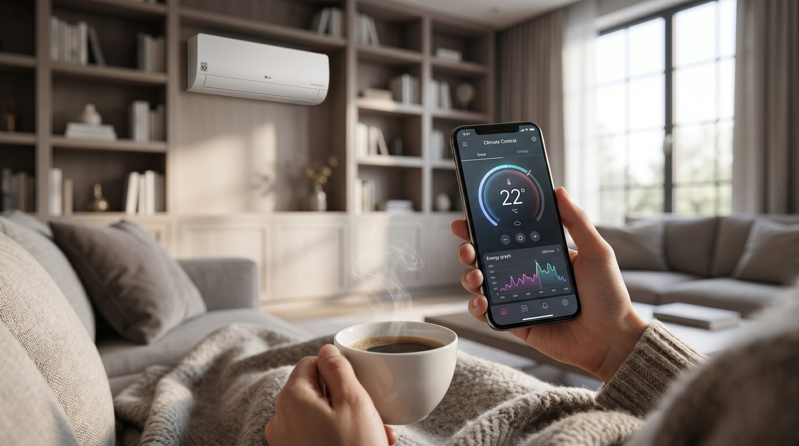 Förstapersonsvy av en person som sitter i en soffa med en mysig stickad filt över knäna. Personen håller en rykande kopp kaffe i den ena handen och en smartphone i den andra. Mobilskärmen visar en smart hem-app för klimatkontroll med energigrafer, inställd på 22°C. I den oskarpa bakgrunden syns ett modernt och elegant vardagsrum i mjukt morgonljus, med platsbyggda träbokhyllor och en väggmonterad luftkonditionering.