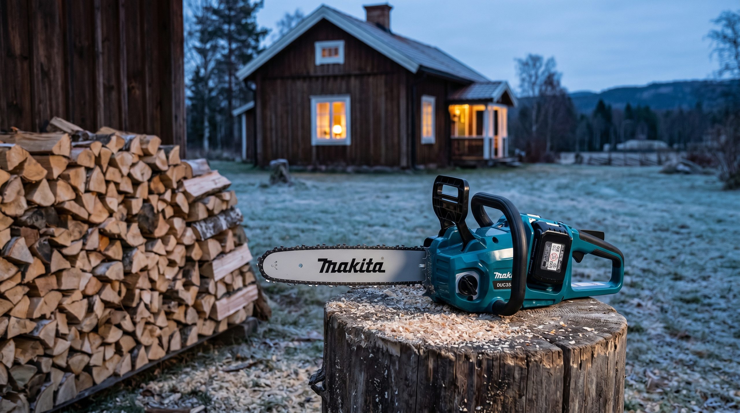 n turkos och svart Makita DUC353Z motorsåg vilar på en huggkubbe täckt av sågspån. Intill finns en prydlig vedtrave, och i bakgrunden syns en traditionell svensk stuga med varmt ljus från fönstren i den svala, blå skymningen.