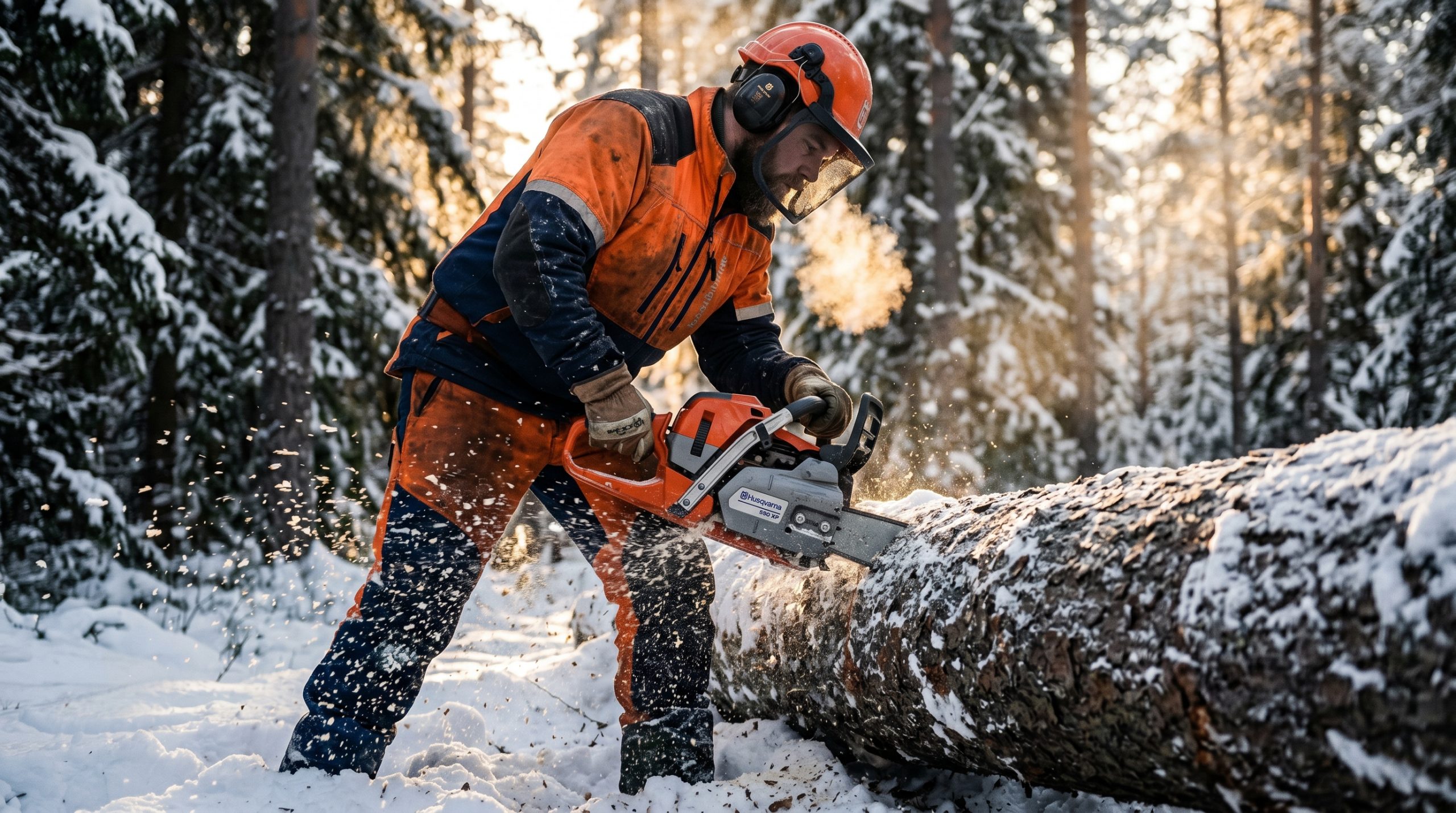 En professionell skogshuggare i orange och mörkblå skyddsutrustning sågar i en massiv frusen stock med en Husqvarna motorsåg. Scenen utspelar sig i en snötäckt svensk tallskog där träflis och sågspån sprutar genom luften, upplyst av morgonens gyllene solljus.