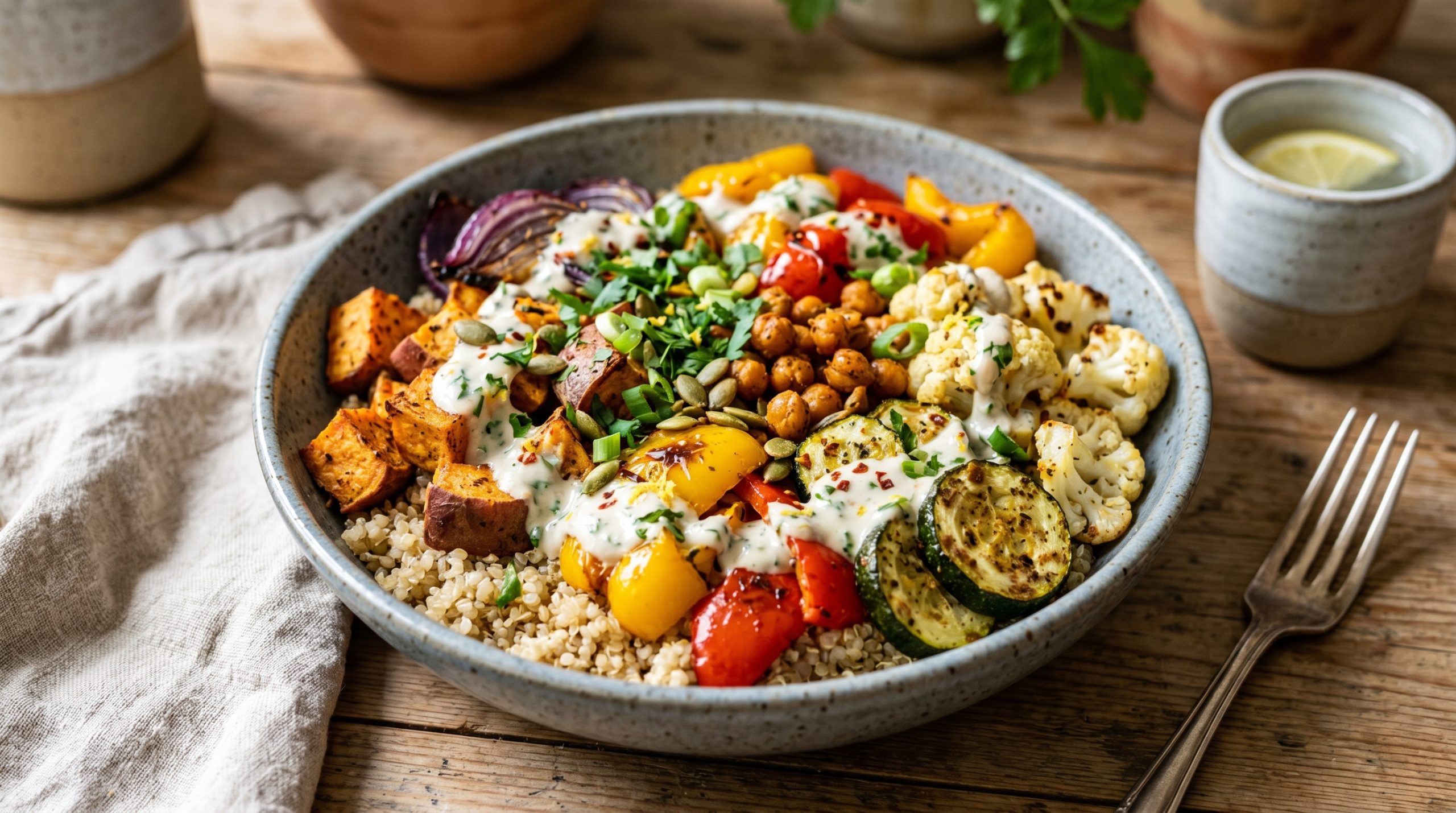 En modern keramikskål på ett köksbord i trä, fylld med en hälsosam och färgglad vegetarisk måltid. Basen består av quinoa, vilken är rikligt toppad med krispiga, karamelliserade rostade grönsaker: sötpotatistärningar, rödlök, paprika, zucchini, blomkålsbuketter och kryddade kikärtor. Rätten är generöst ringlad med en krämig tahini- och yoghurtsås samt garnerad med färska örter och frön. Bilden är tagen snett uppifrån i ett mjukt, naturligt ljus.