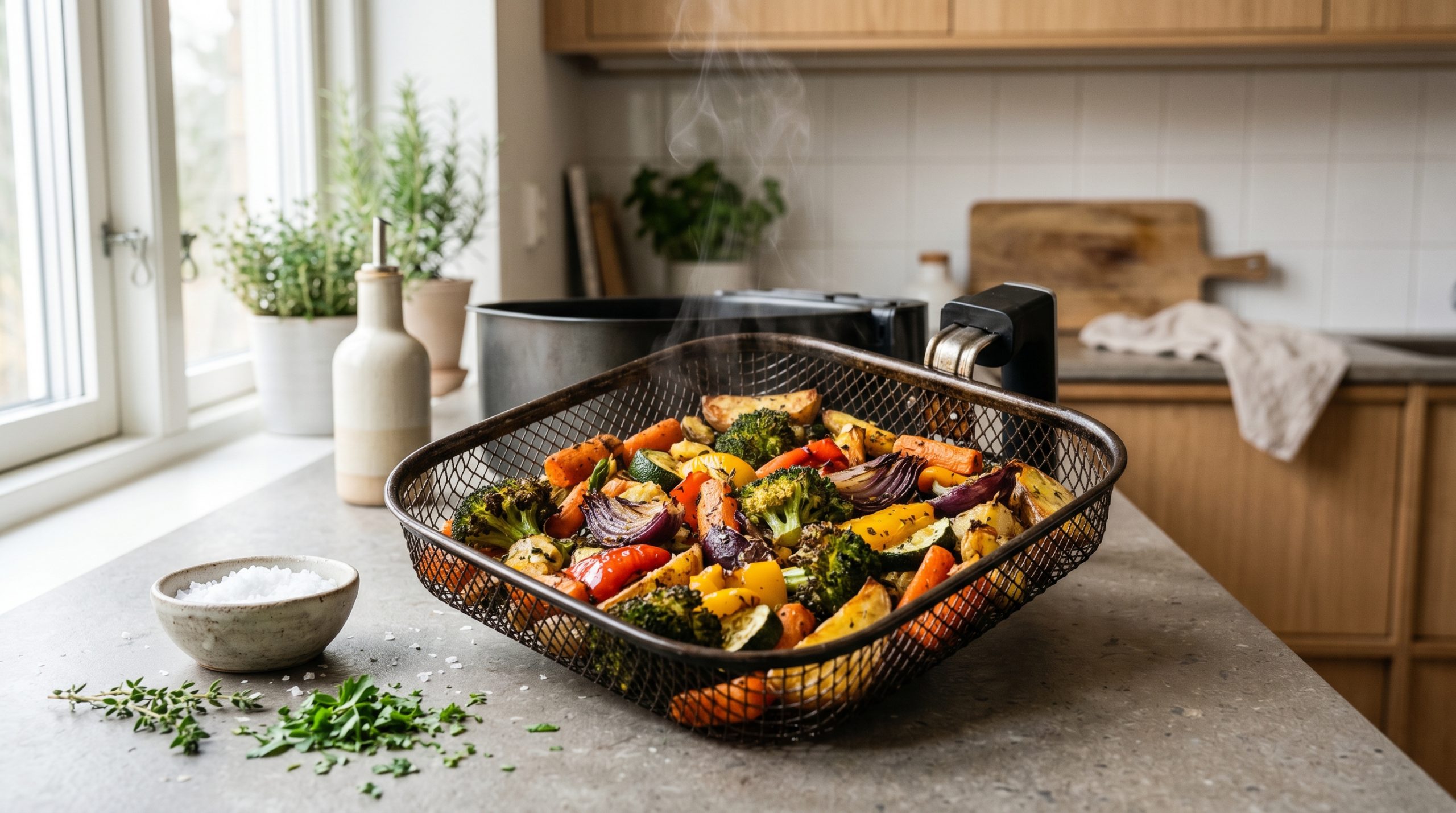 En airfryer-korg fylld med ångande, perfekt rostade grönsaker som broccoli, morötter, paprika, rödlök och potatis. Korgen står på en matt stenbänkskiva i ett ljust, modernt skandinaviskt kök med naturligt ljusinsläpp från ett fönster. Bredvid korgen finns en liten skål med flingsalt och utströdda färska örter